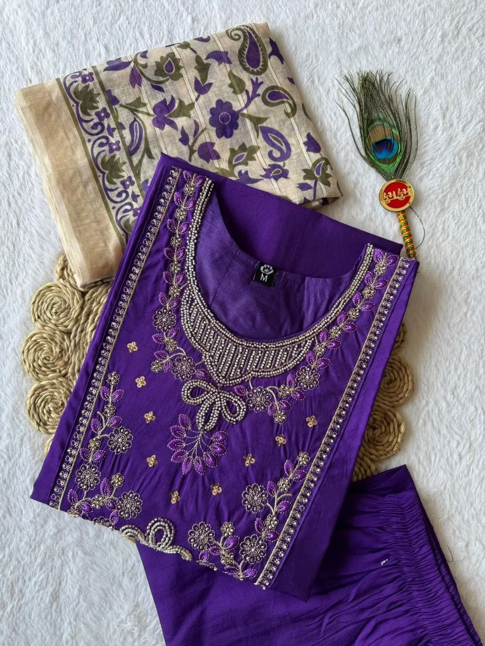 VIDALA CLOTHINGS Violet Roman Silk Straight Kurti with Pant & Chanderi Linen Jacquard Dupatta Set — photo 7 of 8