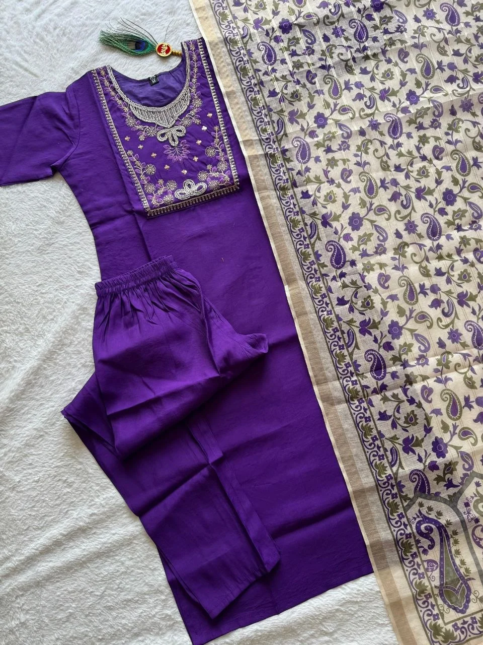 VIDALA CLOTHINGS Violet Roman Silk Straight Kurti with Pant & Chanderi Linen Jacquard Dupatta Set — photo 8 of 8