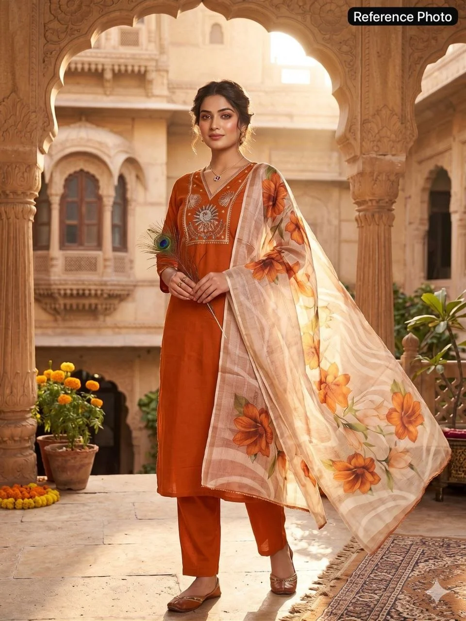 VIDALA CLOTHINGS Light Rust Roman Silk Straight Kurti with Pant & Chanderi Linen Jacquard Dupatta Set — photo 2 of 7