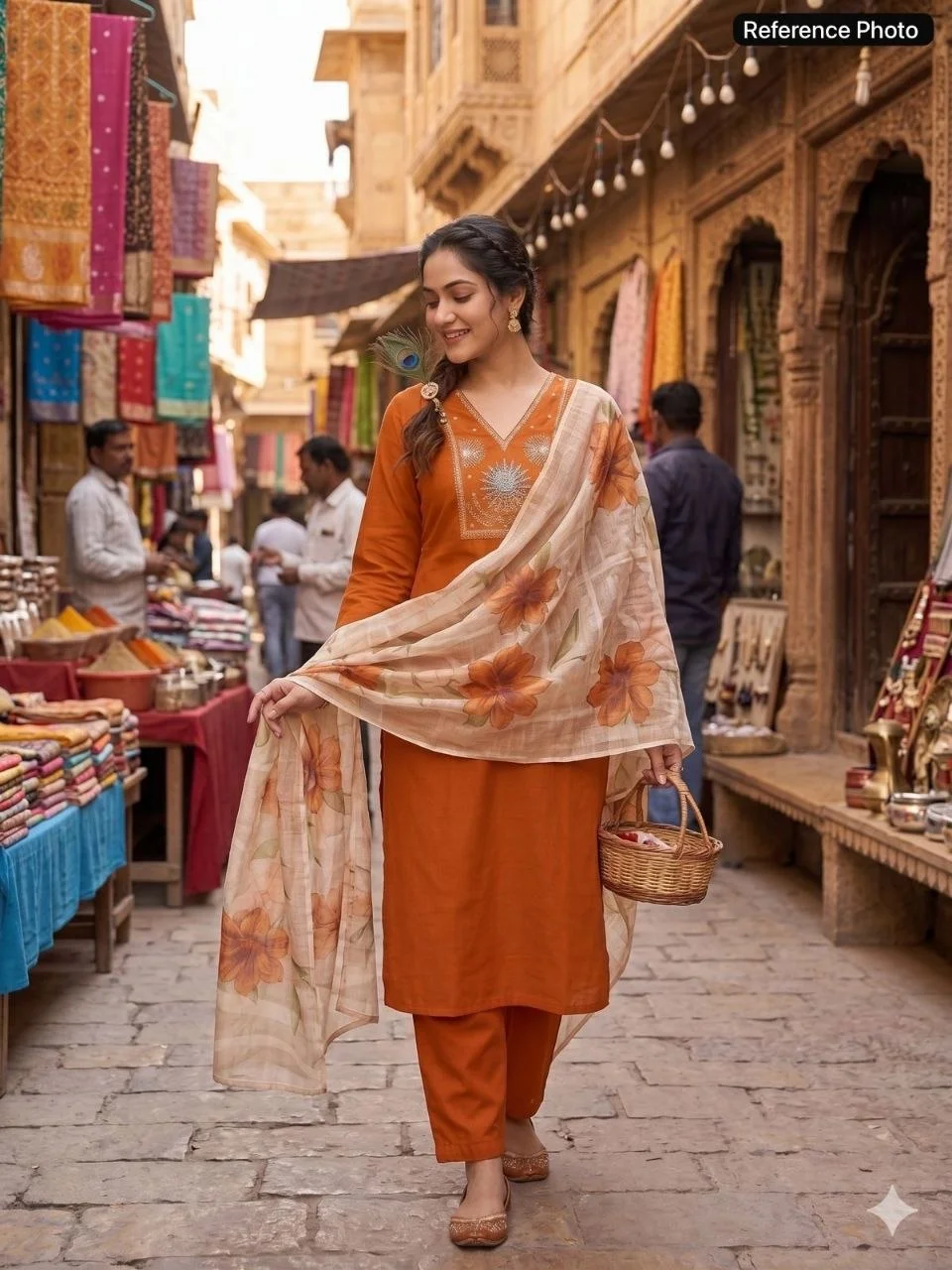 VIDALA CLOTHINGS Light Rust Roman Silk Straight Kurti with Pant & Chanderi Linen Jacquard Dupatta Set — photo 3 of 7