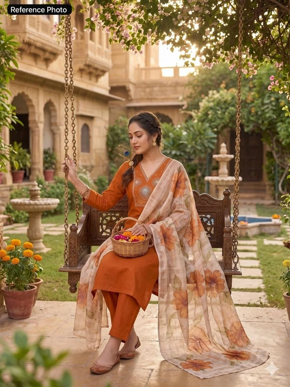 VIDALA CLOTHINGS Light Rust Roman Silk Straight Kurti with Pant & Chanderi Linen Jacquard Dupatta Set — photo 4 of 7