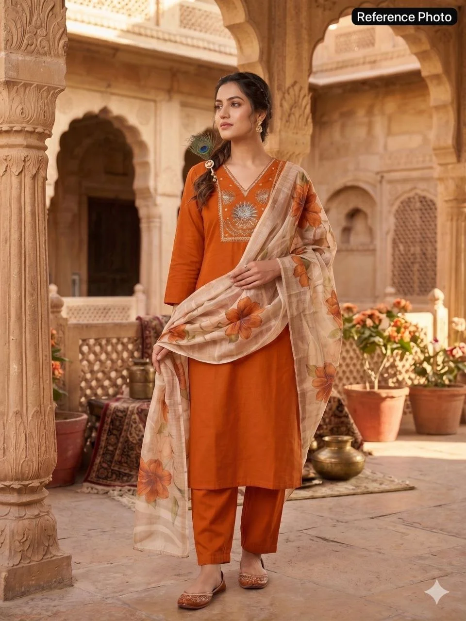 VIDALA CLOTHINGS Light Rust Roman Silk Straight Kurti with Pant & Chanderi Linen Jacquard Dupatta Set — photo 5 of 7