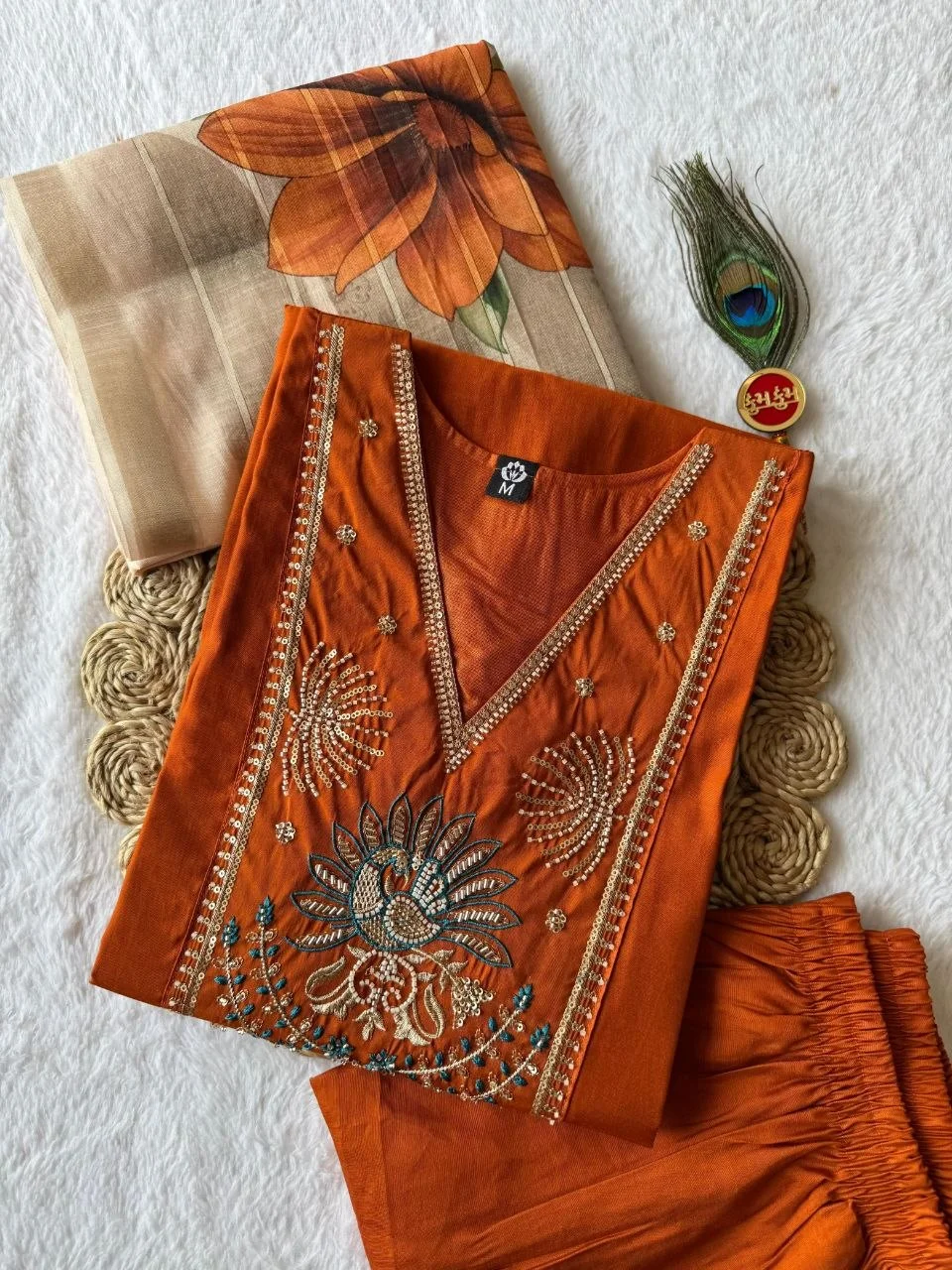 VIDALA CLOTHINGS Light Rust Roman Silk Straight Kurti with Pant & Chanderi Linen Jacquard Dupatta Set — photo 6 of 7