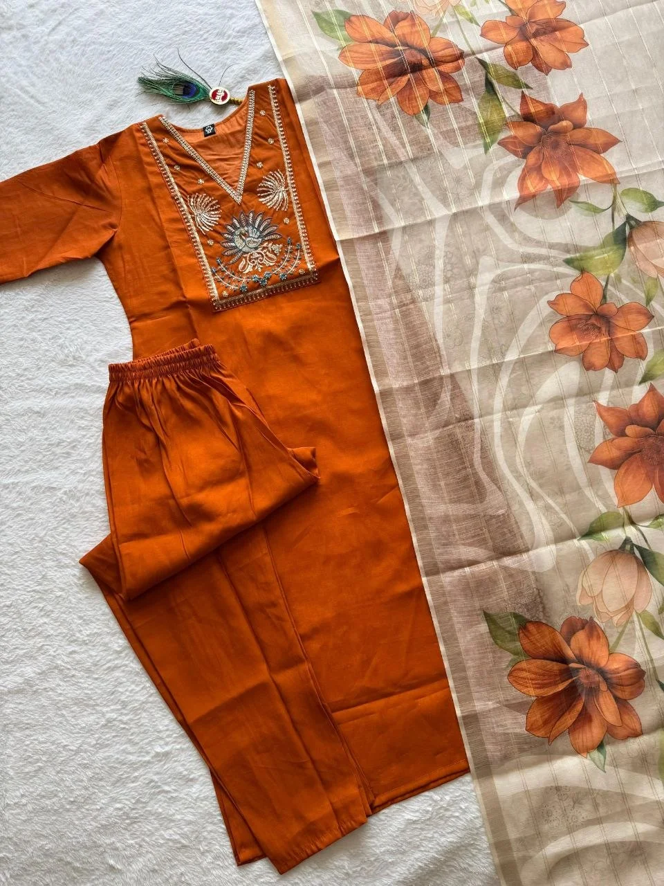 VIDALA CLOTHINGS Light Rust Roman Silk Straight Kurti with Pant & Chanderi Linen Jacquard Dupatta Set — photo 7 of 7