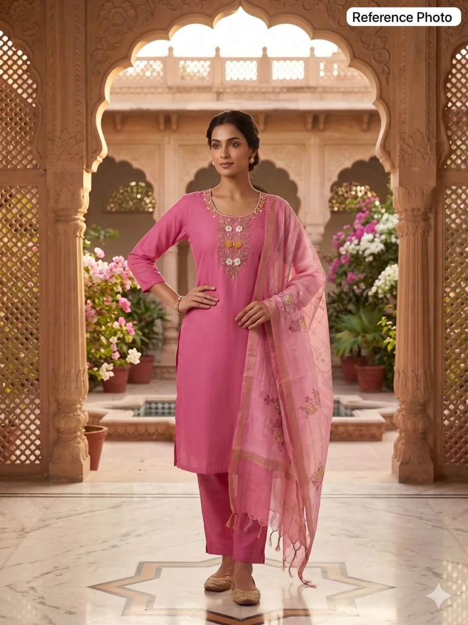 VIDALA CLOTHINGS Light Pink Mul Chanderi Straight Kurti with Roman Silk Pant & Chanderi Linen Jacquard Dupatta Set — photo 2 of 7
