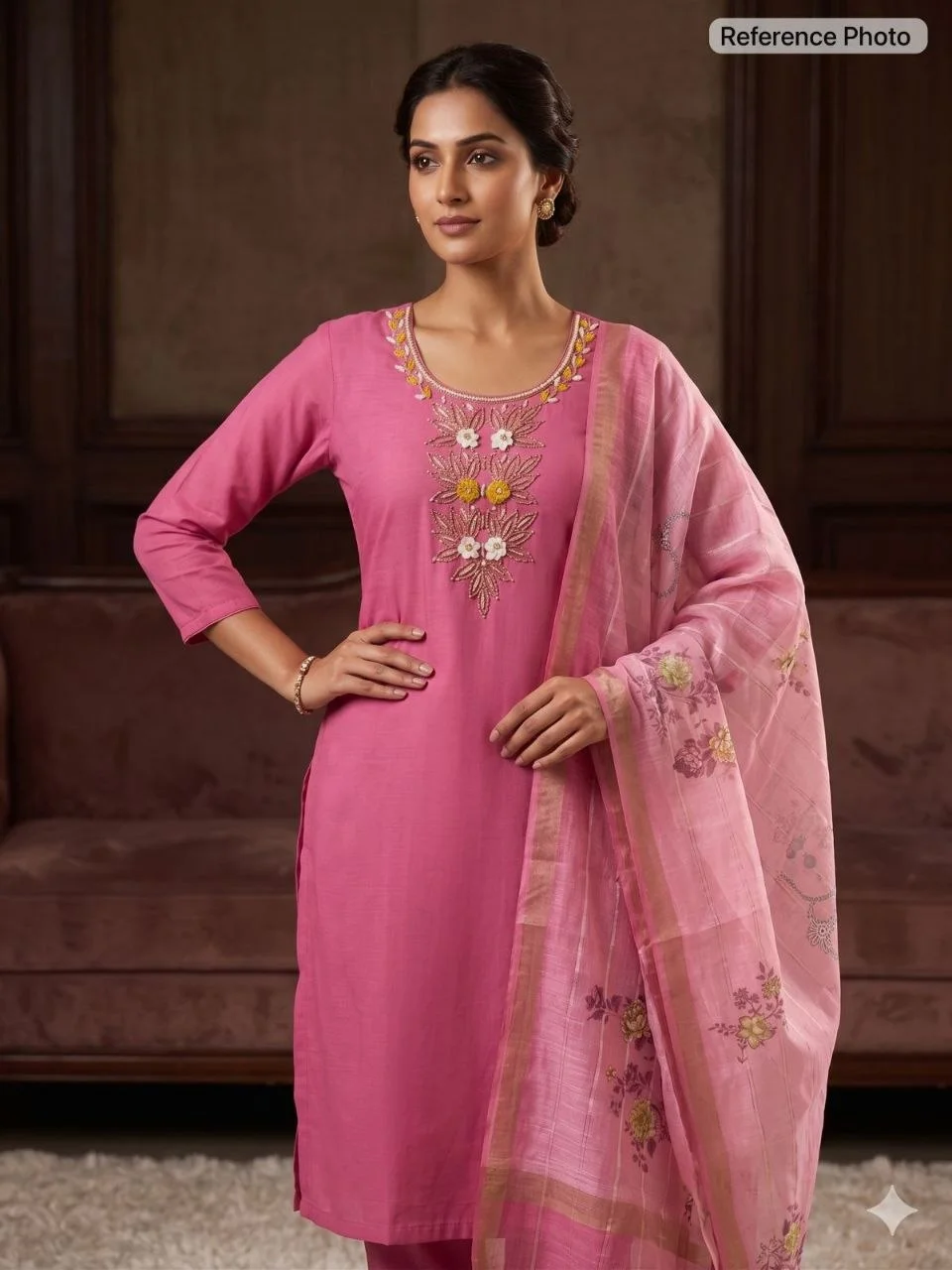 VIDALA CLOTHINGS Light Pink Mul Chanderi Straight Kurti with Roman Silk Pant & Chanderi Linen Jacquard Dupatta Set — photo 3 of 7