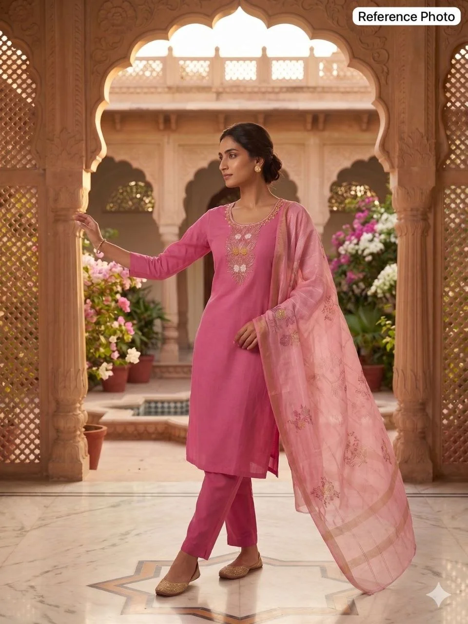 VIDALA CLOTHINGS Light Pink Mul Chanderi Straight Kurti with Roman Silk Pant & Chanderi Linen Jacquard Dupatta Set — photo 4 of 7