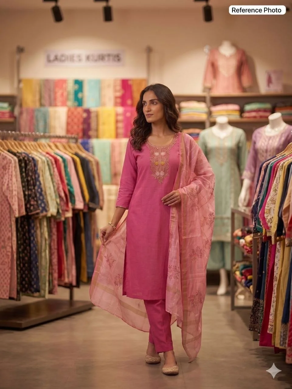 VIDALA CLOTHINGS Light Pink Mul Chanderi Straight Kurti with Roman Silk Pant & Chanderi Linen Jacquard Dupatta Set — photo 5 of 7