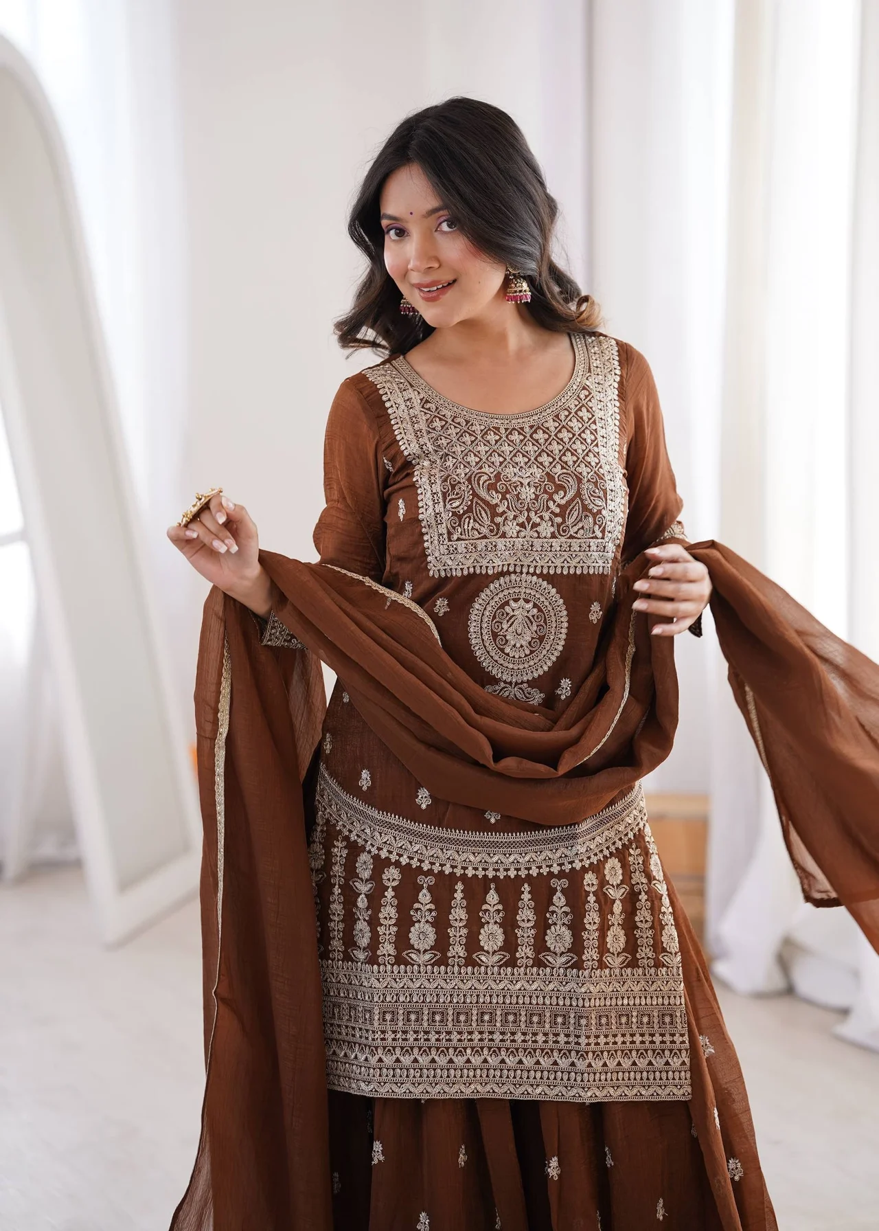 VIDALA CLOTHINGS Pure Soft Crunchy Silk Ready to Wear Short Kurta with Heavy Flare Sharara & Lace Dupatta Set in Coffee Brown — photo 2 of 9