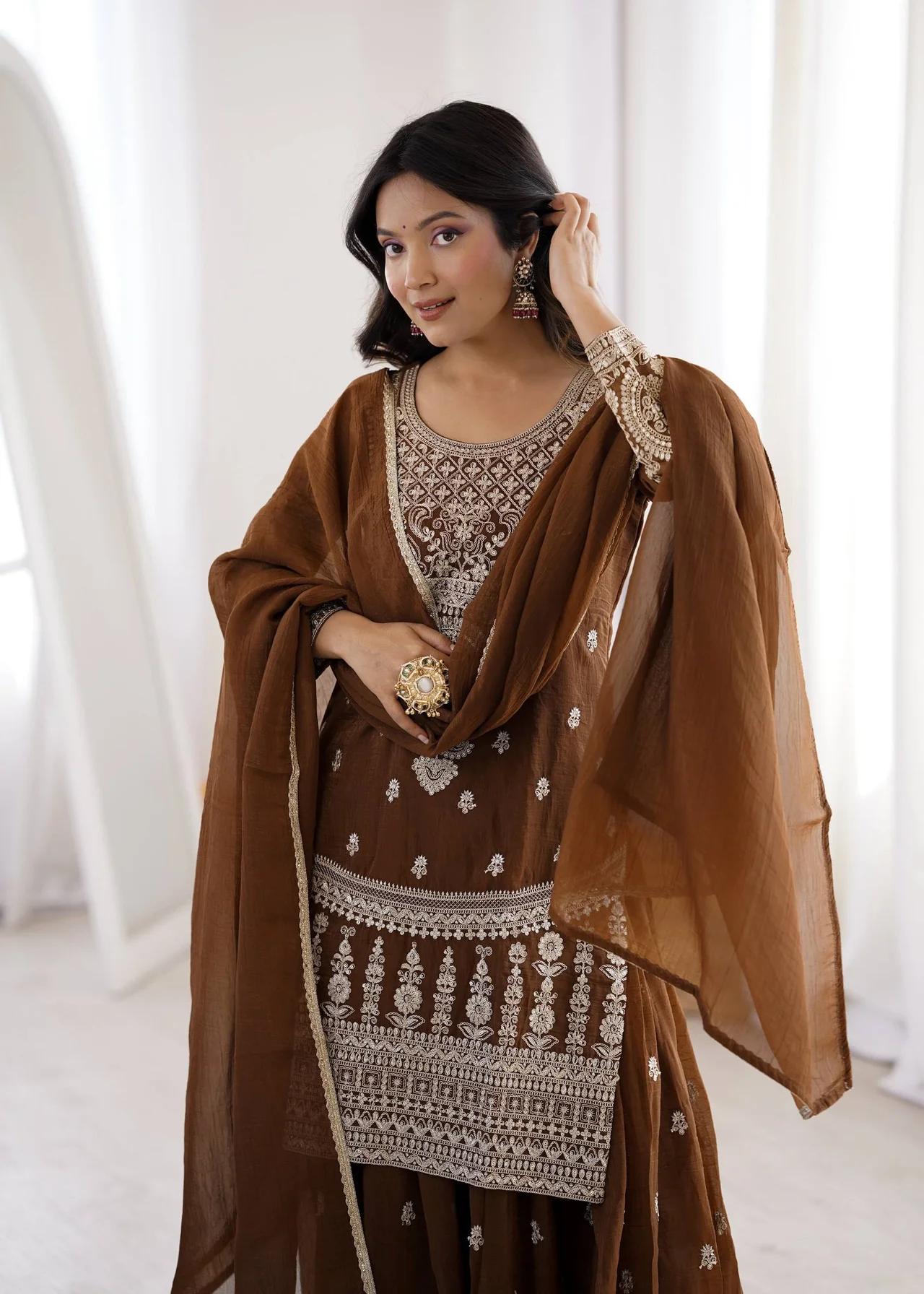 VIDALA CLOTHINGS Pure Soft Crunchy Silk Ready to Wear Short Kurta with Heavy Flare Sharara & Lace Dupatta Set in Coffee Brown — photo 3 of 9