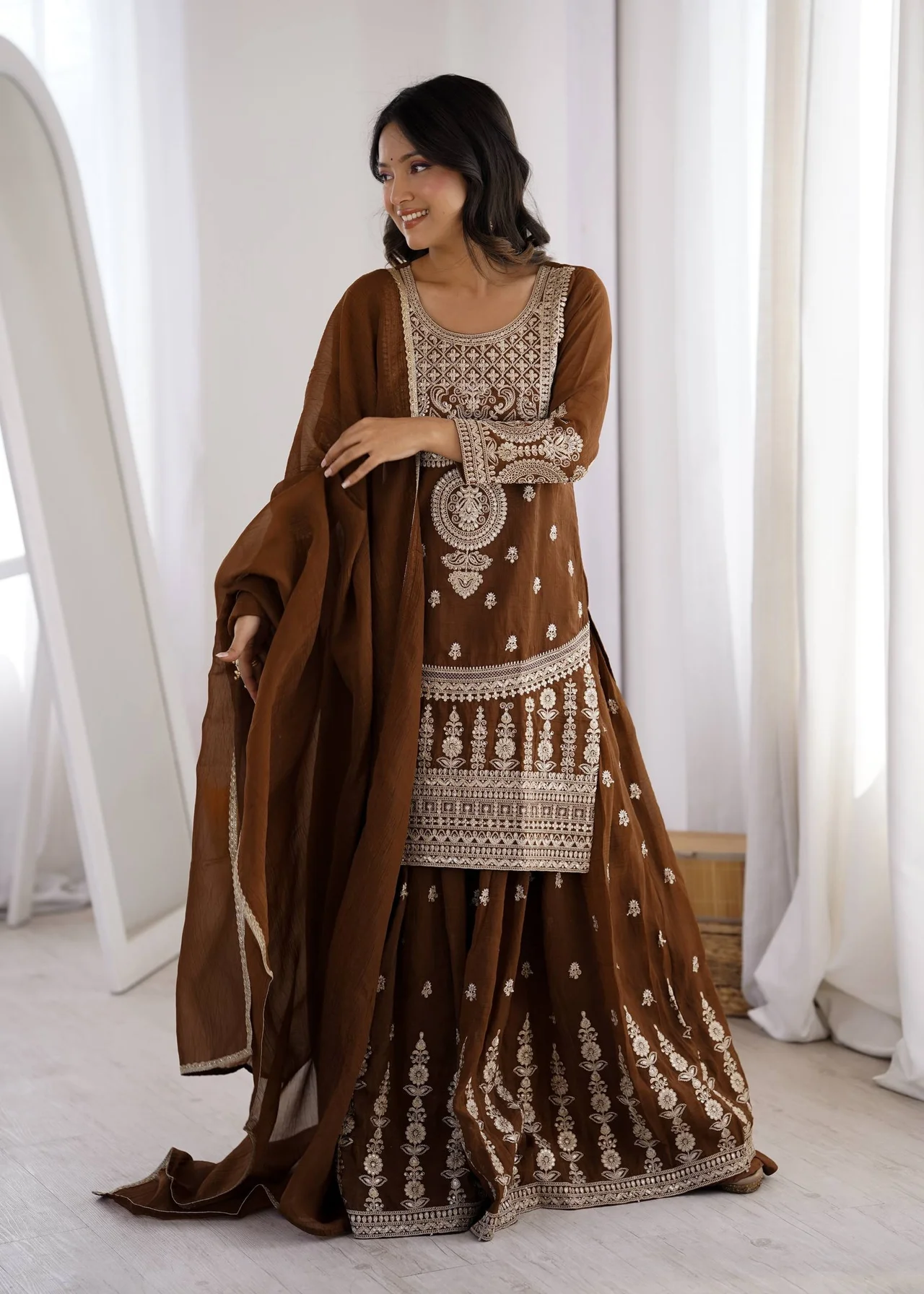 VIDALA CLOTHINGS Pure Soft Crunchy Silk Ready to Wear Short Kurta with Heavy Flare Sharara & Lace Dupatta Set in Coffee Brown — photo 4 of 9