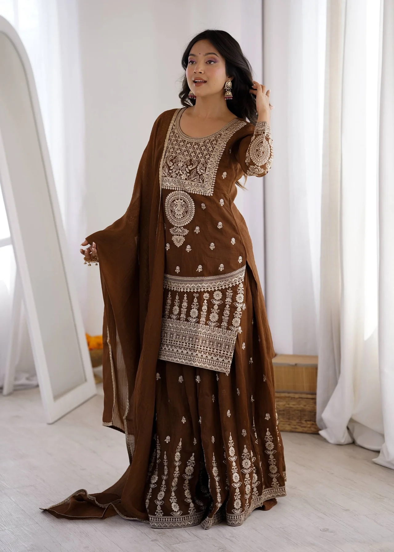 VIDALA CLOTHINGS Pure Soft Crunchy Silk Ready to Wear Short Kurta with Heavy Flare Sharara & Lace Dupatta Set in Coffee Brown — photo 5 of 9
