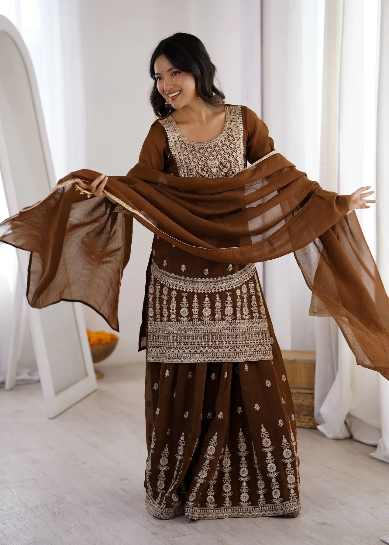 VIDALA CLOTHINGS Pure Soft Crunchy Silk Ready to Wear Short Kurta with Heavy Flare Sharara & Lace Dupatta Set in Coffee Brown — photo 6 of 9
