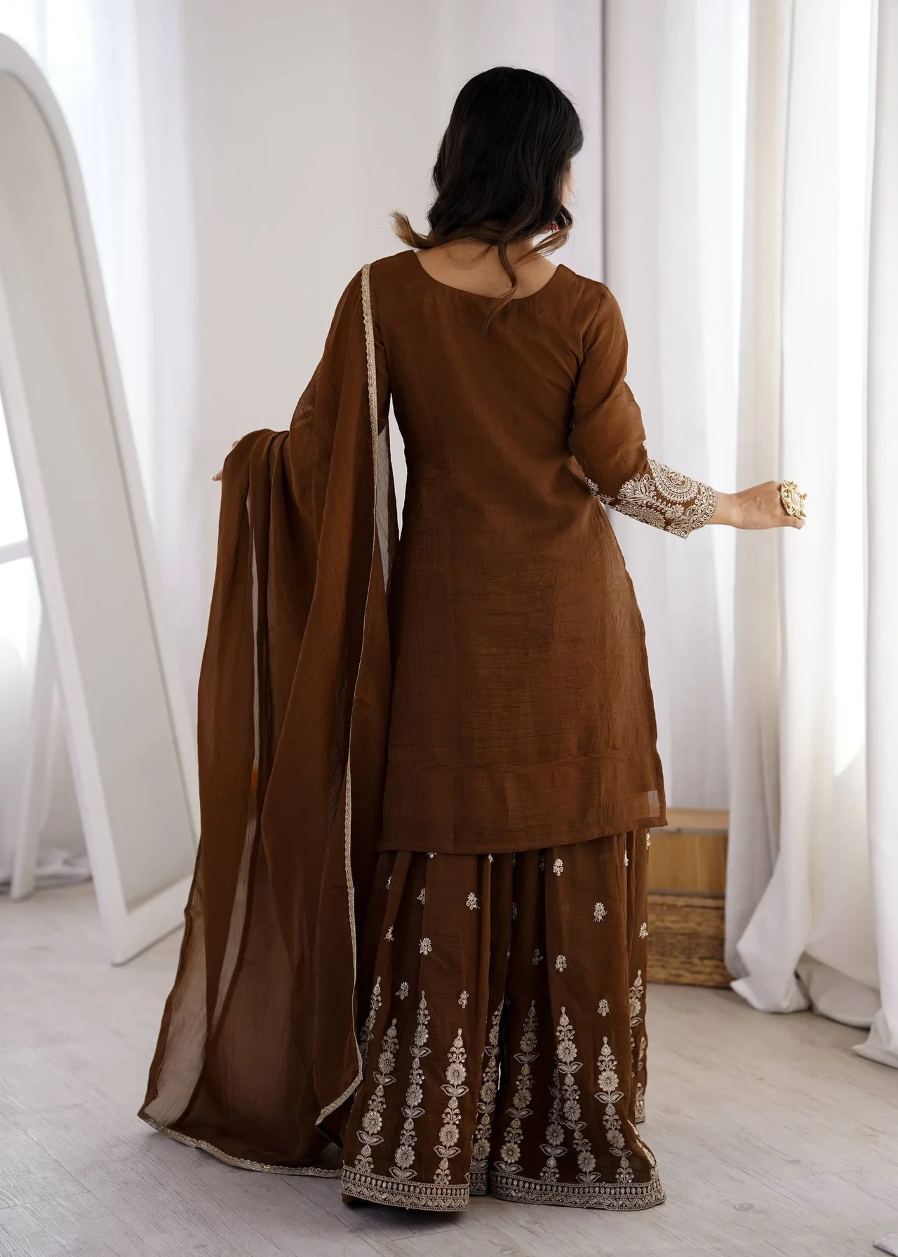 VIDALA CLOTHINGS Pure Soft Crunchy Silk Ready to Wear Short Kurta with Heavy Flare Sharara & Lace Dupatta Set in Coffee Brown — photo 7 of 9