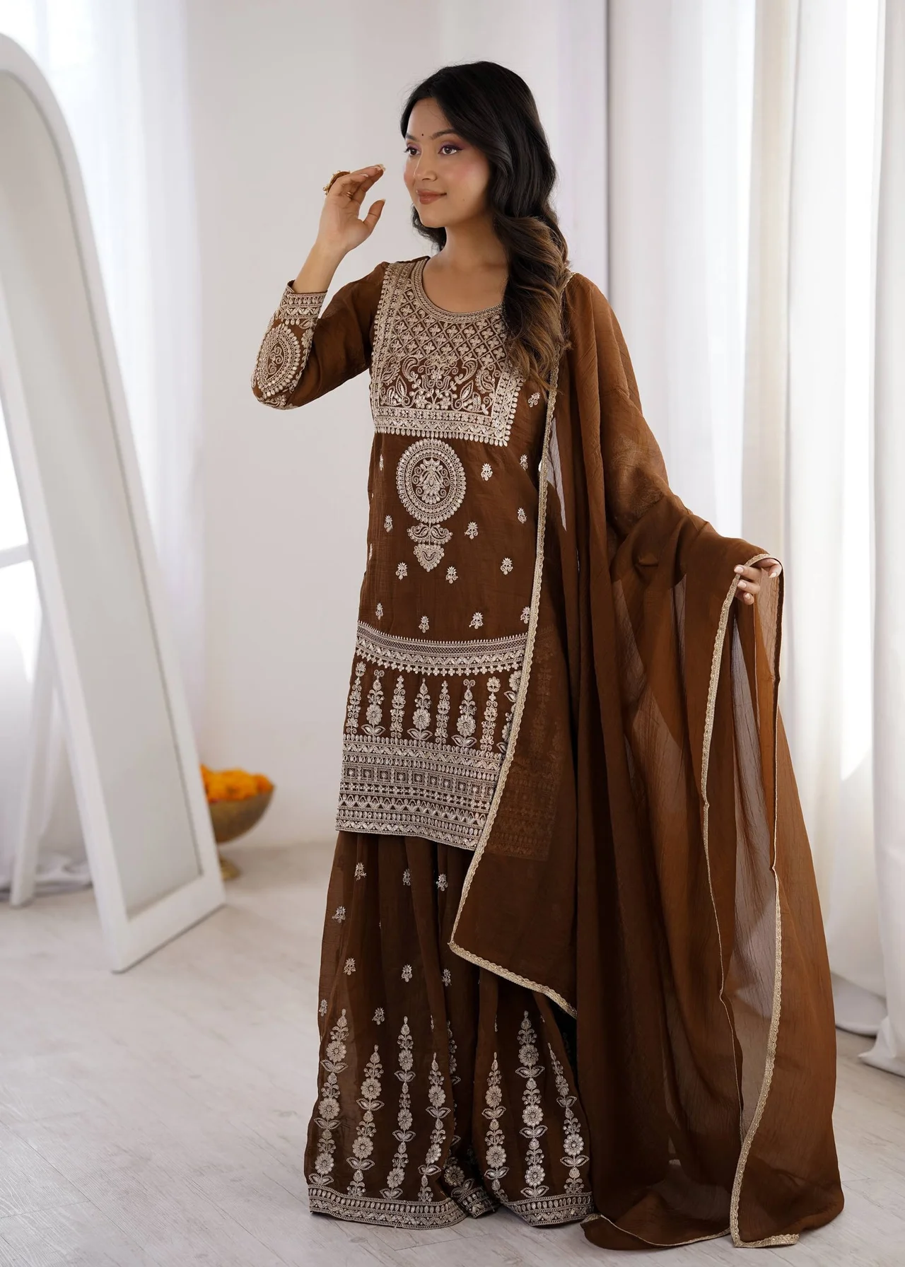 VIDALA CLOTHINGS Pure Soft Crunchy Silk Ready to Wear Short Kurta with Heavy Flare Sharara & Lace Dupatta Set in Coffee Brown — photo 9 of 9