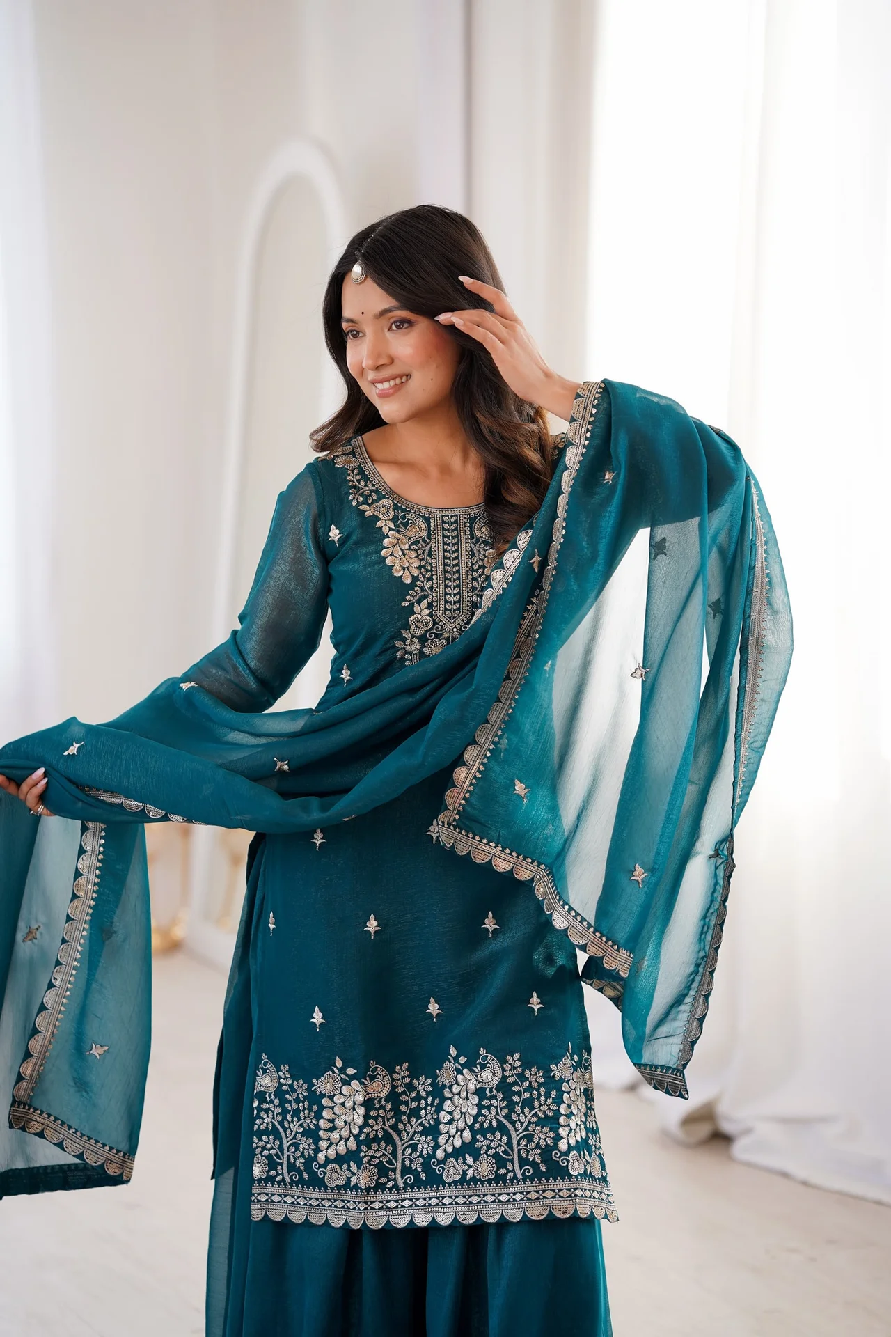 VIDALA CLOTHINGS Pure Soft Crunchy Silk Ready to Wear Colorful Kurta with Heavy Flare Sharara & Dupatta Set in Teal — photo 2 of 8