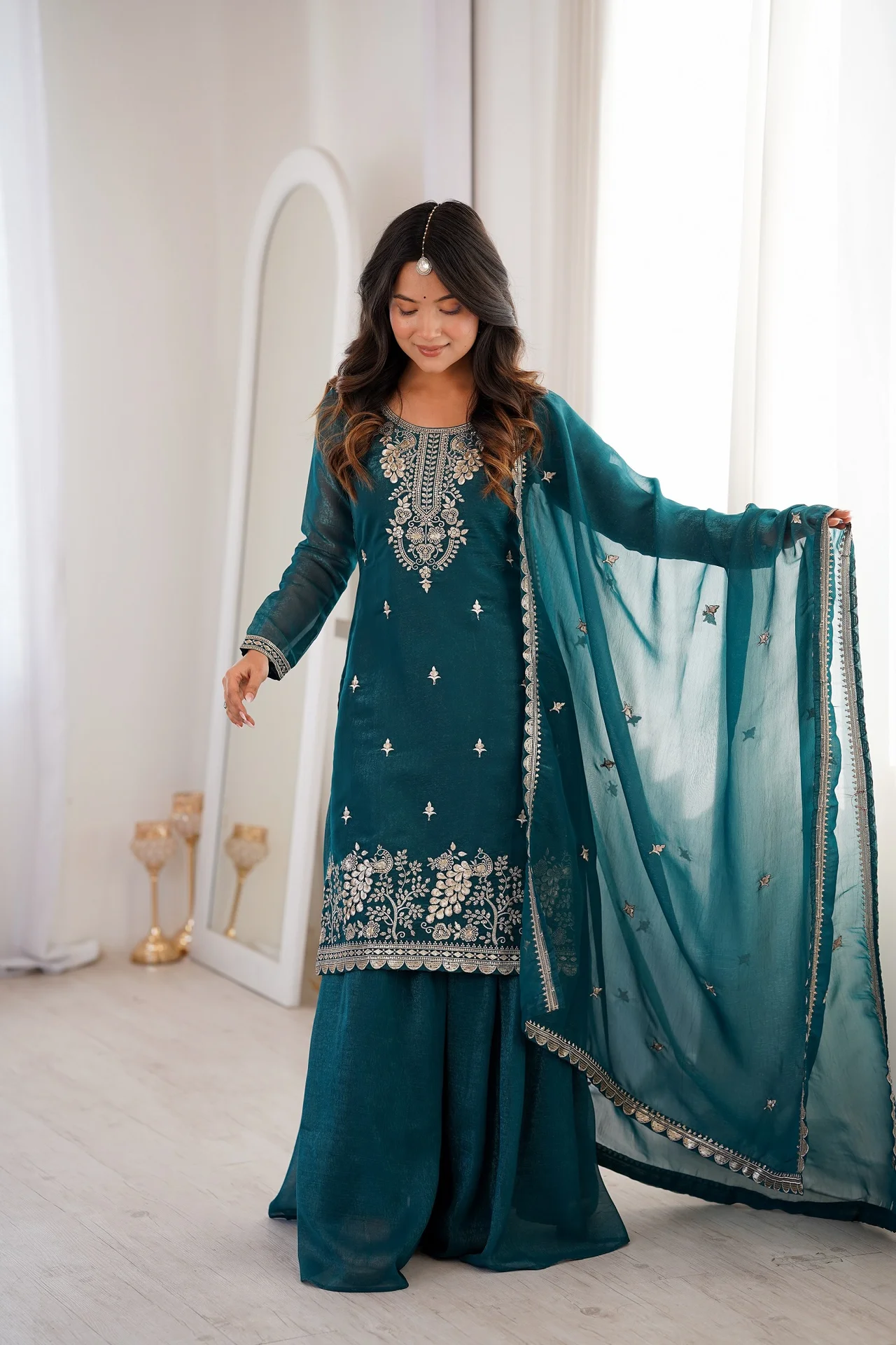 VIDALA CLOTHINGS Pure Soft Crunchy Silk Ready to Wear Colorful Kurta with Heavy Flare Sharara & Dupatta Set in Teal — photo 4 of 8