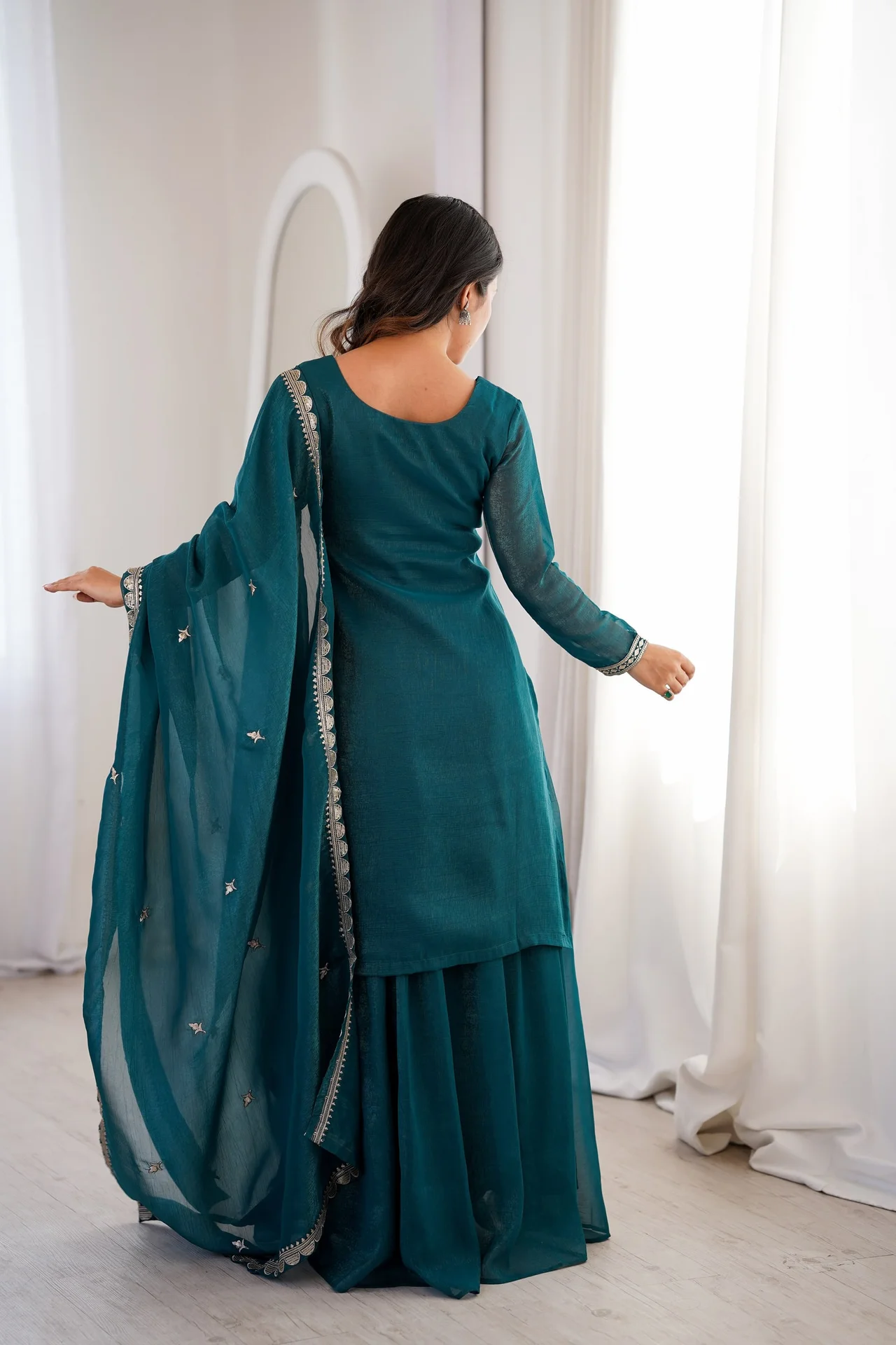 VIDALA CLOTHINGS Pure Soft Crunchy Silk Ready to Wear Colorful Kurta with Heavy Flare Sharara & Dupatta Set in Teal — photo 3 of 8