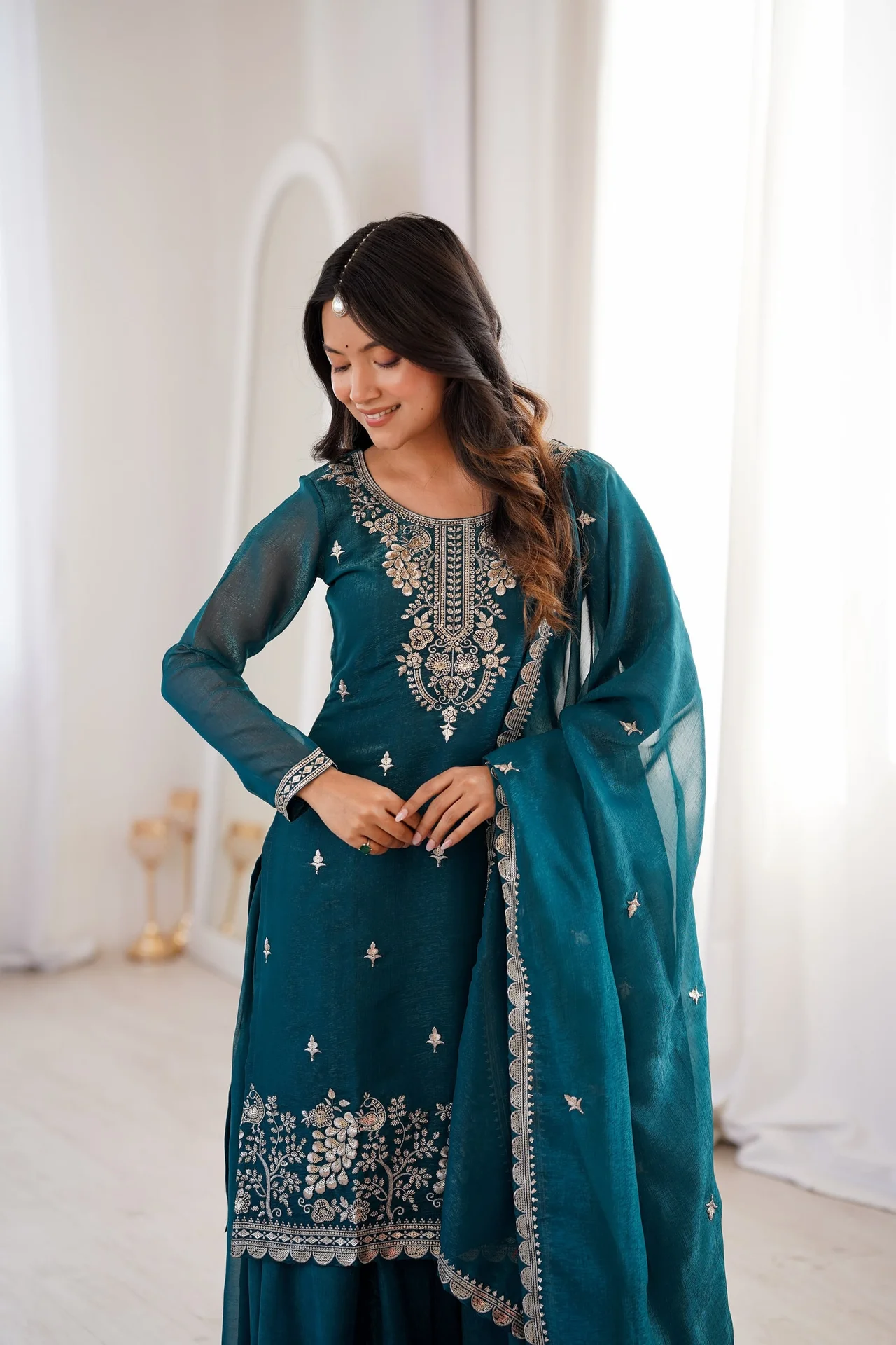 VIDALA CLOTHINGS Pure Soft Crunchy Silk Ready to Wear Colorful Kurta with Heavy Flare Sharara & Dupatta Set in Teal — photo 5 of 8
