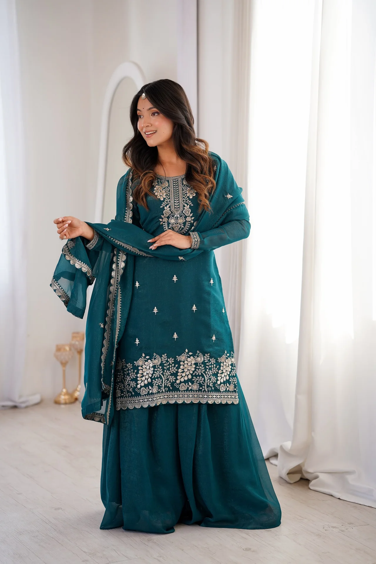 VIDALA CLOTHINGS Pure Soft Crunchy Silk Ready to Wear Colorful Kurta with Heavy Flare Sharara & Dupatta Set in Teal — photo 6 of 8