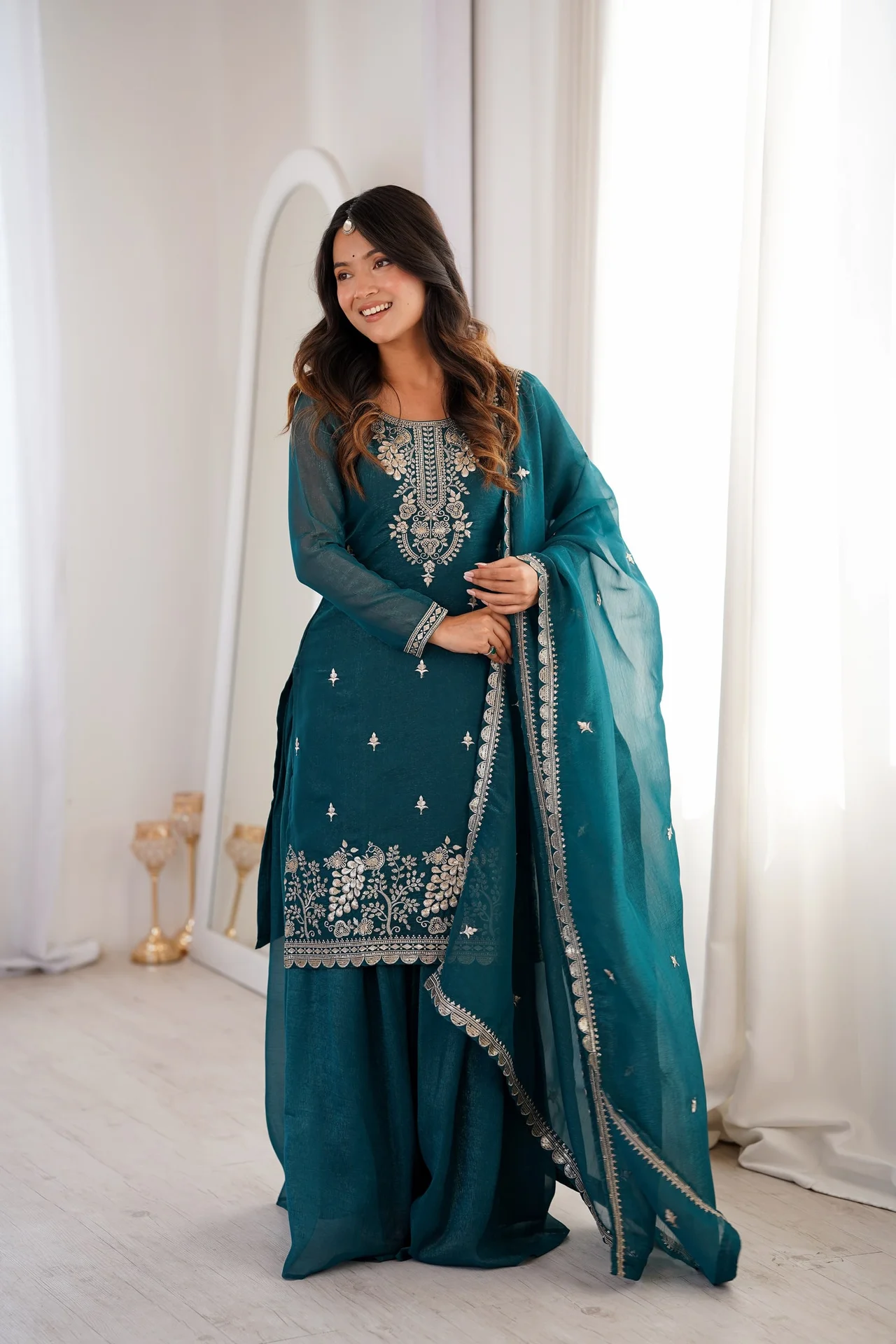 VIDALA CLOTHINGS Pure Soft Crunchy Silk Ready to Wear Colorful Kurta with Heavy Flare Sharara & Dupatta Set in Teal — photo 7 of 8
