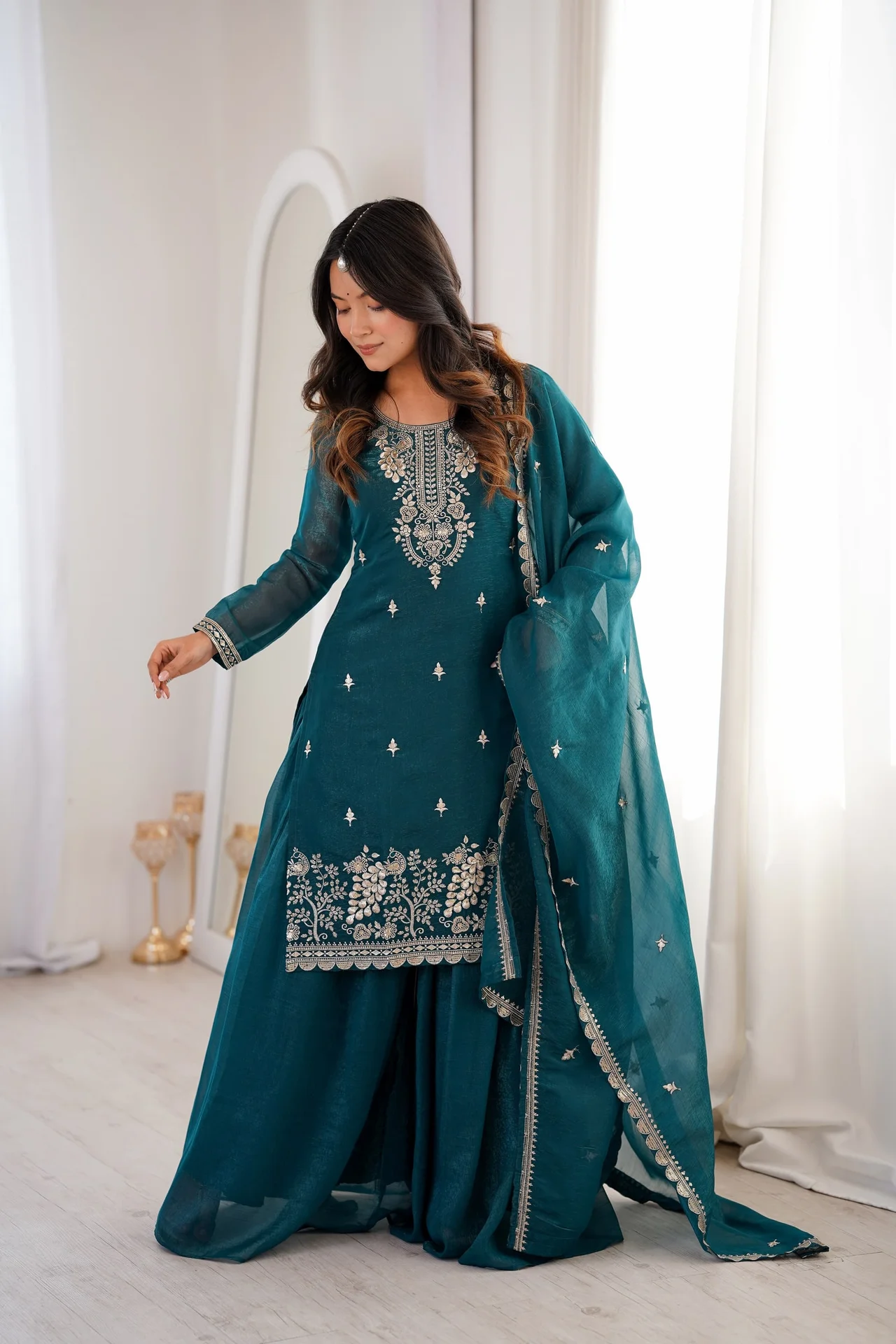 VIDALA CLOTHINGS Pure Soft Crunchy Silk Ready to Wear Colorful Kurta with Heavy Flare Sharara & Dupatta Set in Teal — photo 8 of 8
