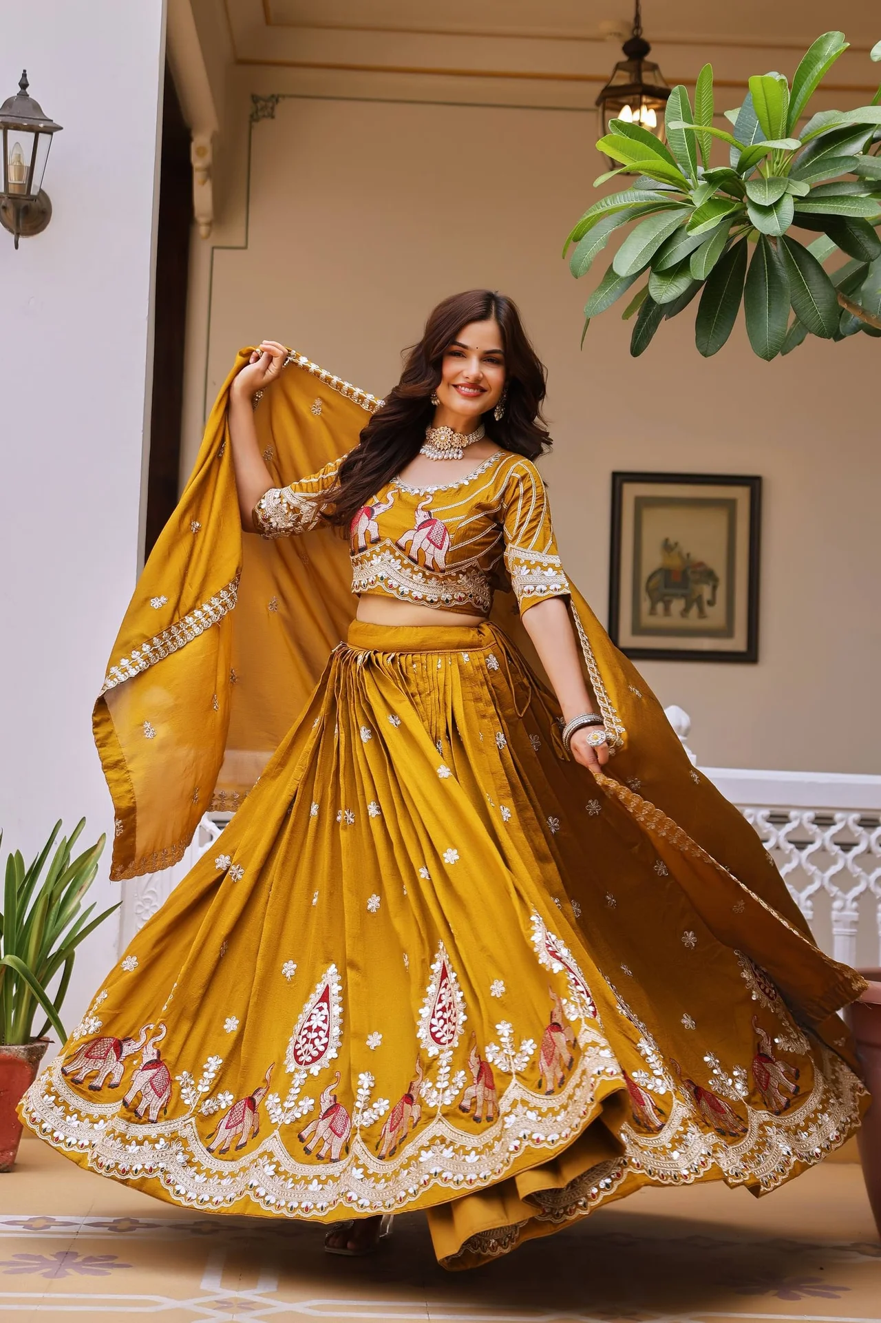 VIDALA CLOTHINGS Pure Vichitra Silk Bridal Lehenga Choli Set in Mustard — photo 5 of 10