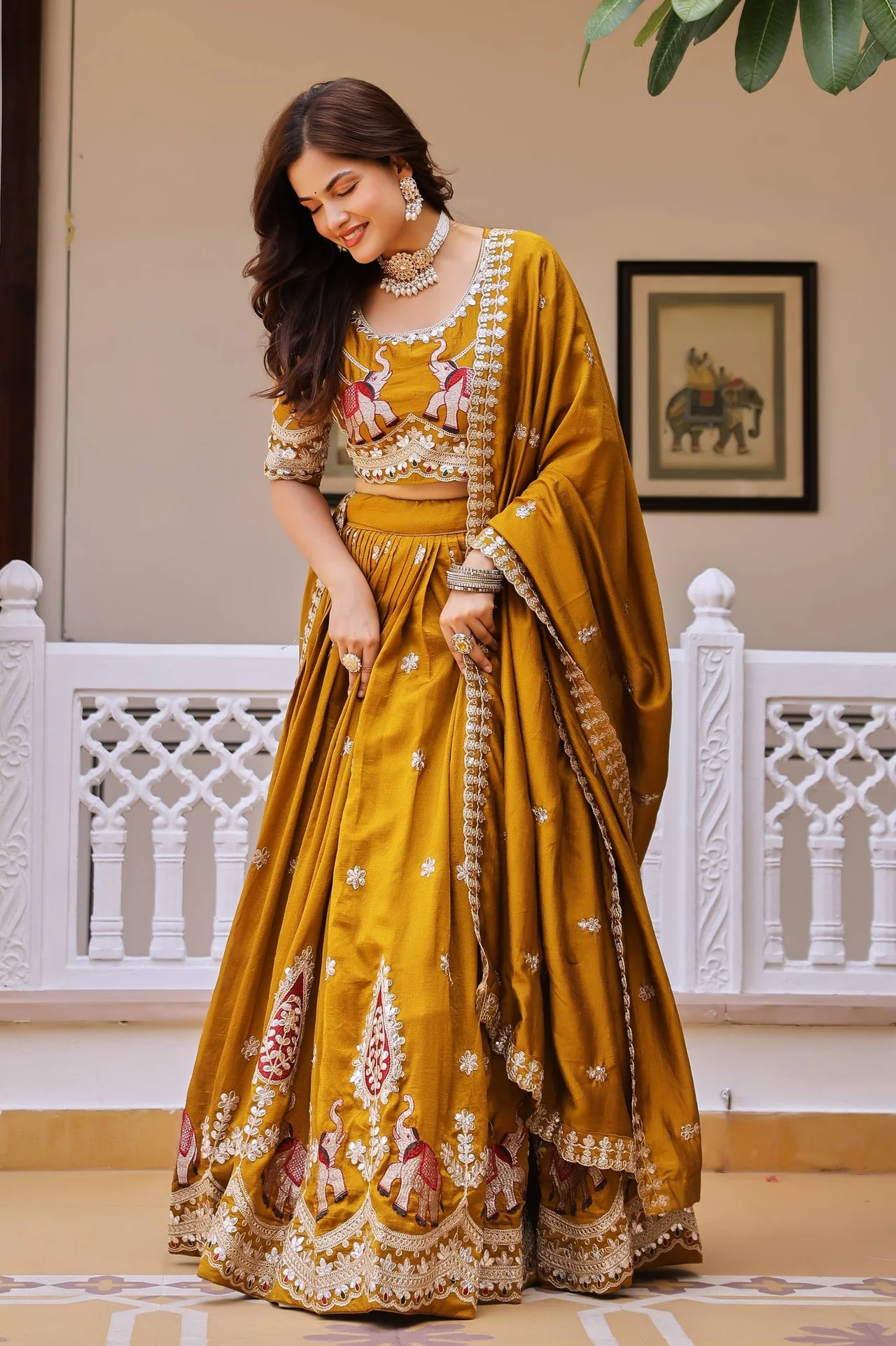 VIDALA CLOTHINGS Pure Vichitra Silk Bridal Lehenga Choli Set in Mustard — photo 6 of 10