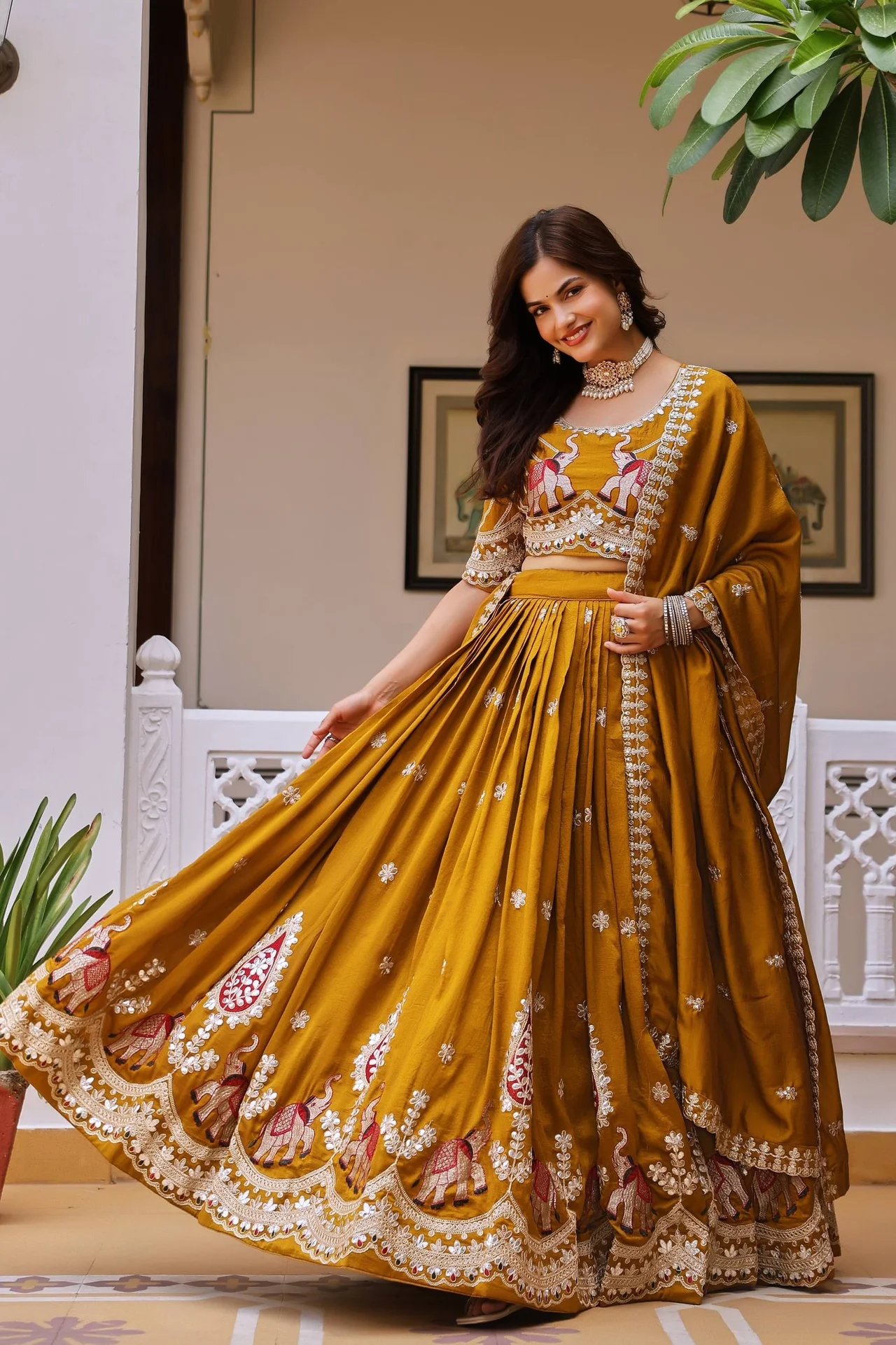 VIDALA CLOTHINGS Pure Vichitra Silk Bridal Lehenga Choli Set in Mustard — photo 7 of 10