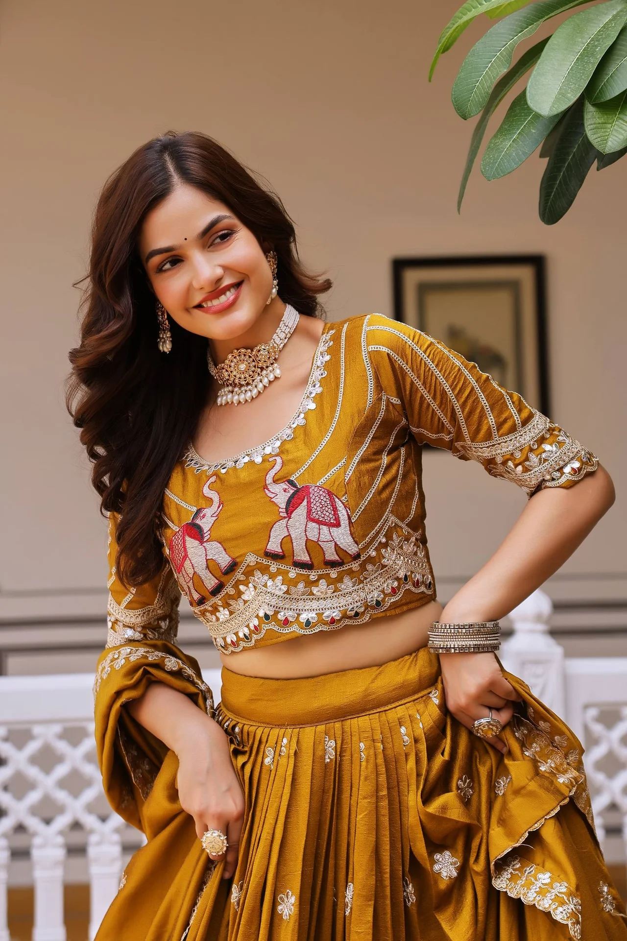 VIDALA CLOTHINGS Pure Vichitra Silk Bridal Lehenga Choli Set in Mustard — photo 8 of 10