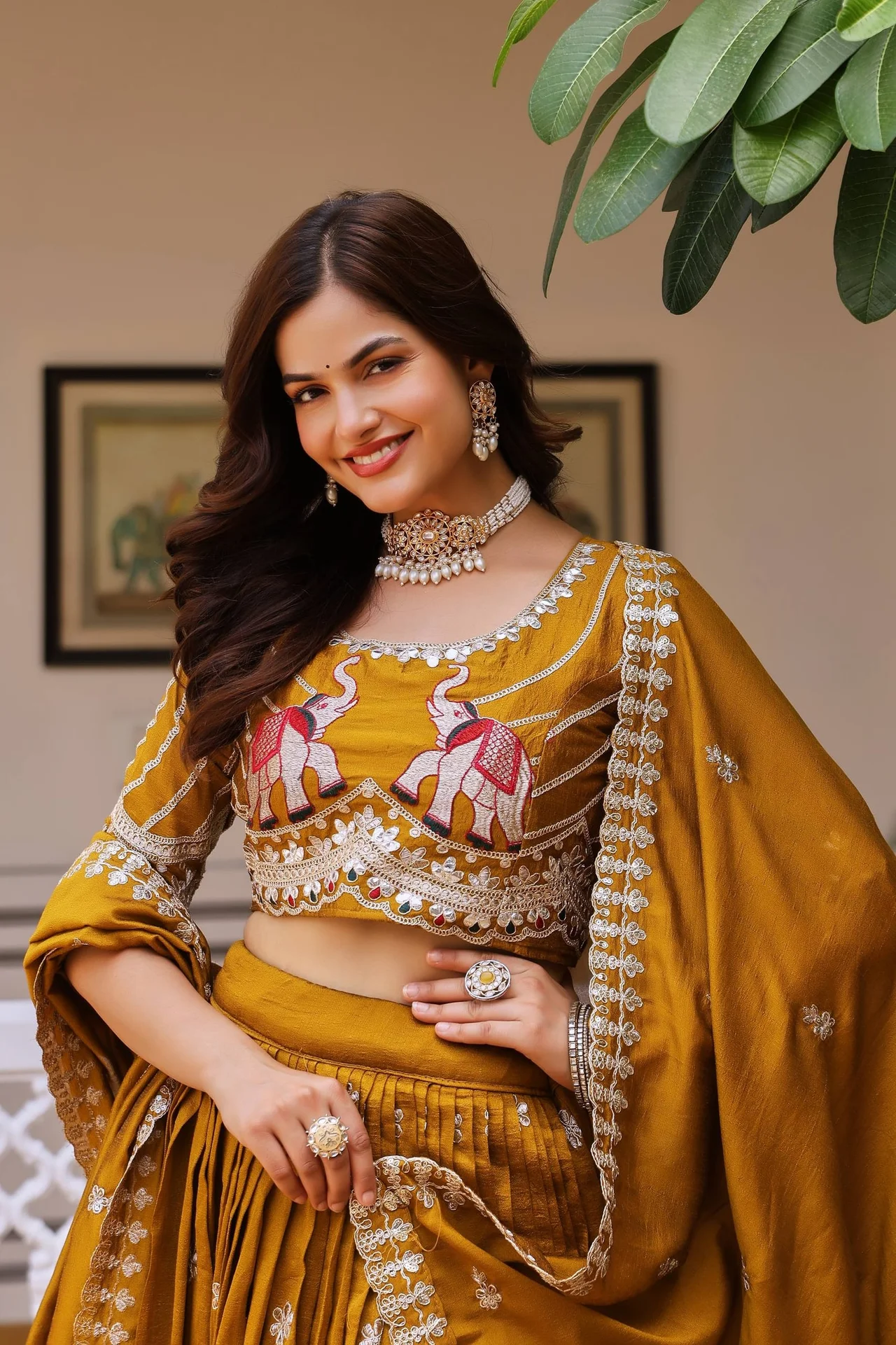 VIDALA CLOTHINGS Pure Vichitra Silk Bridal Lehenga Choli Set in Mustard — photo 9 of 10
