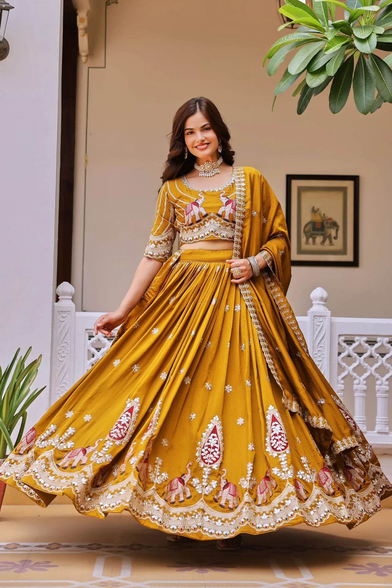 VIDALA CLOTHINGS Pure Vichitra Silk Bridal Lehenga Choli Set in Mustard — photo 10 of 10
