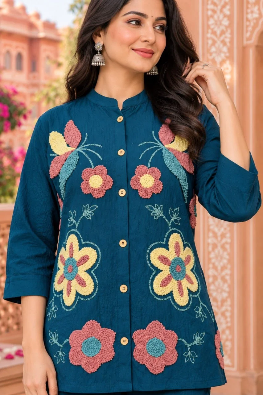 VIDALA CLOTHINGS Premium NV Herringbone Fabric Festive Top and Pant Co-ord Set in Peacock Blue — photo 3 of 5