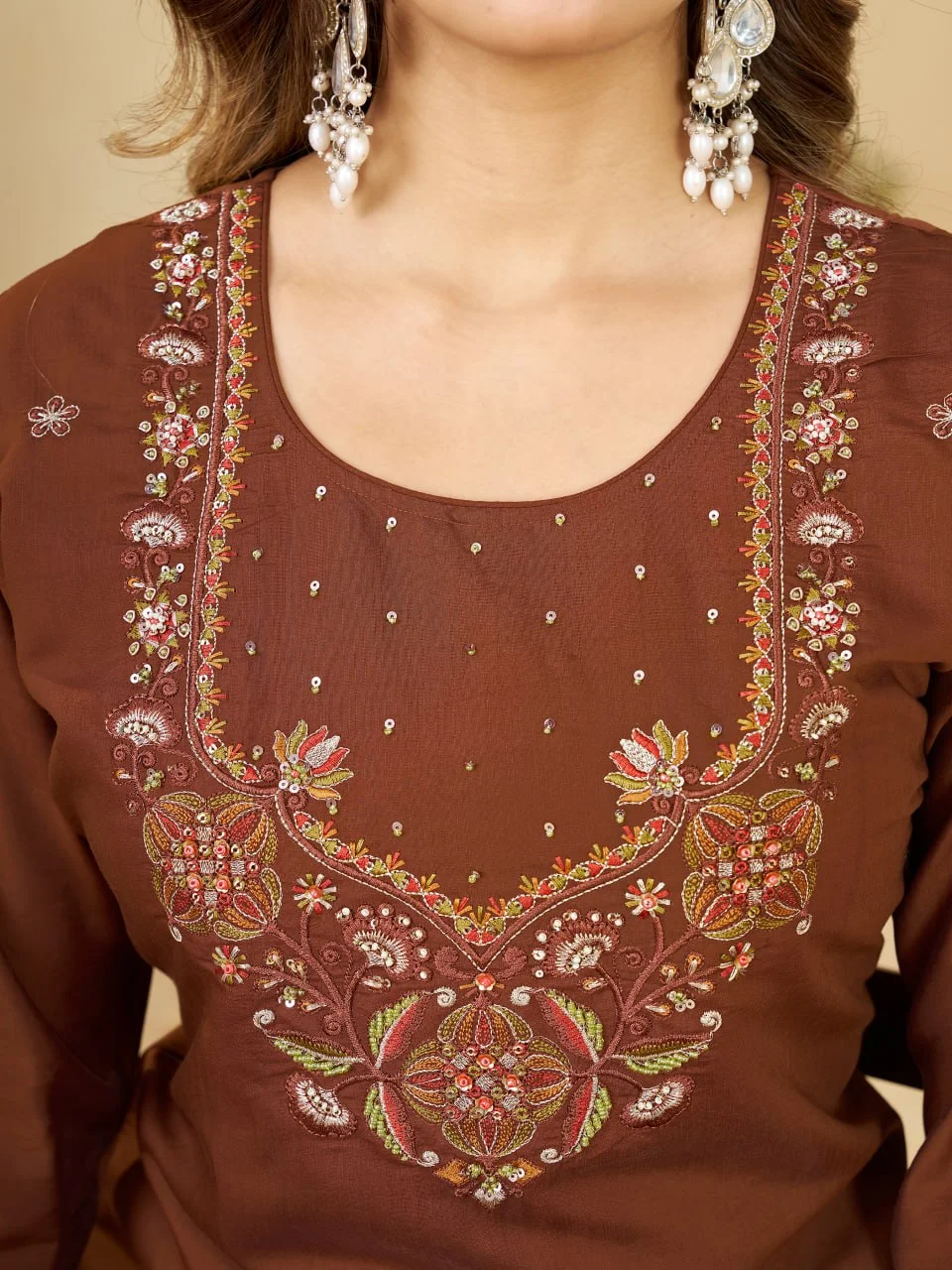 VIDALA CLOTHINGS Marina Silk Straight Kurti with Pant & Muslin Dupatta Set in Brown — photo 3 of 10