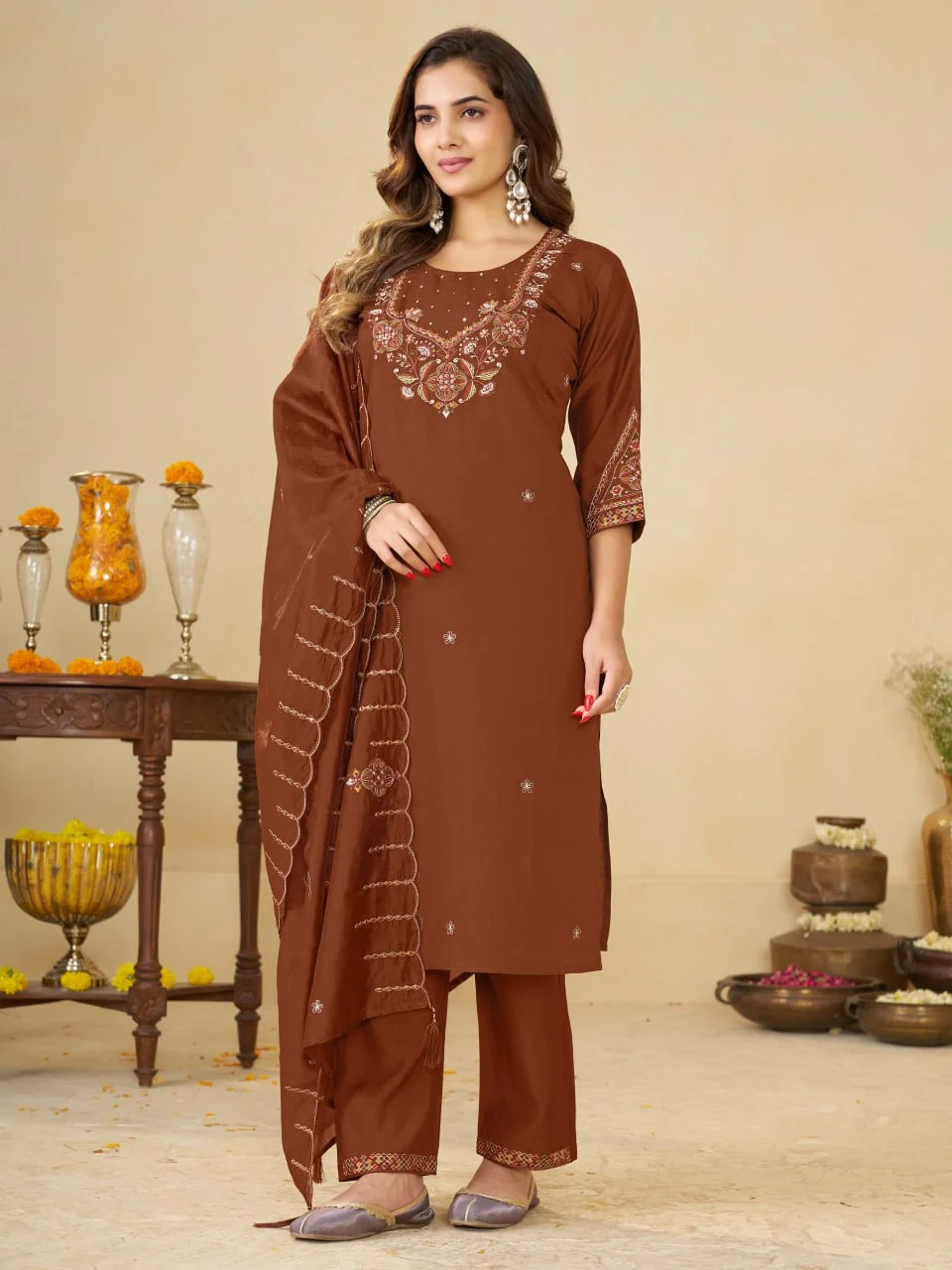 VIDALA CLOTHINGS Marina Silk Straight Kurti with Pant & Muslin Dupatta Set in Brown — photo 5 of 10
