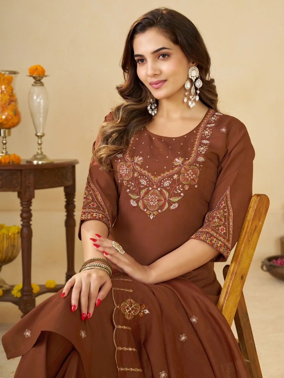 VIDALA CLOTHINGS Marina Silk Straight Kurti with Pant & Muslin Dupatta Set in Brown — photo 6 of 10