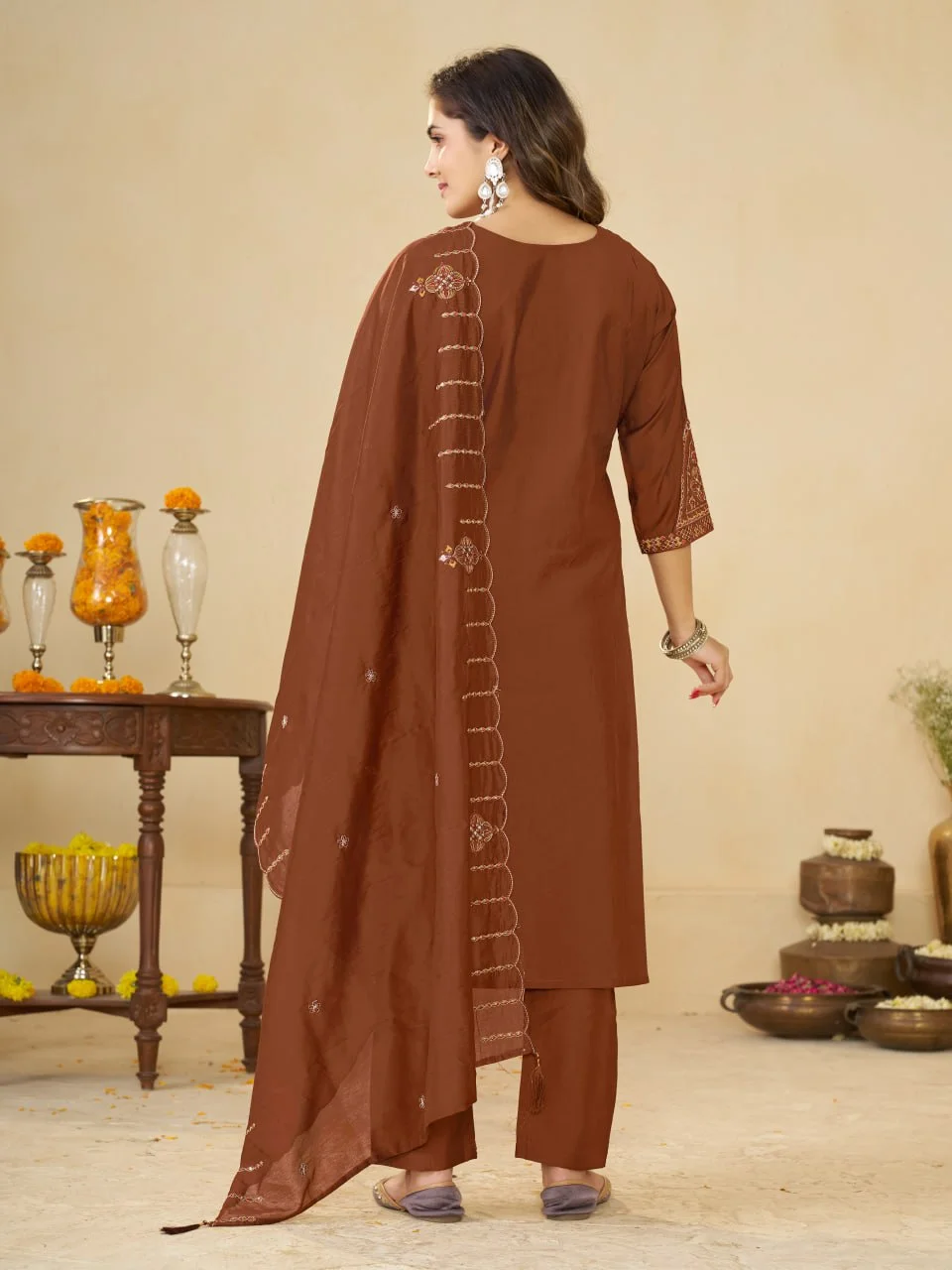 VIDALA CLOTHINGS Marina Silk Straight Kurti with Pant & Muslin Dupatta Set in Brown — photo 7 of 10