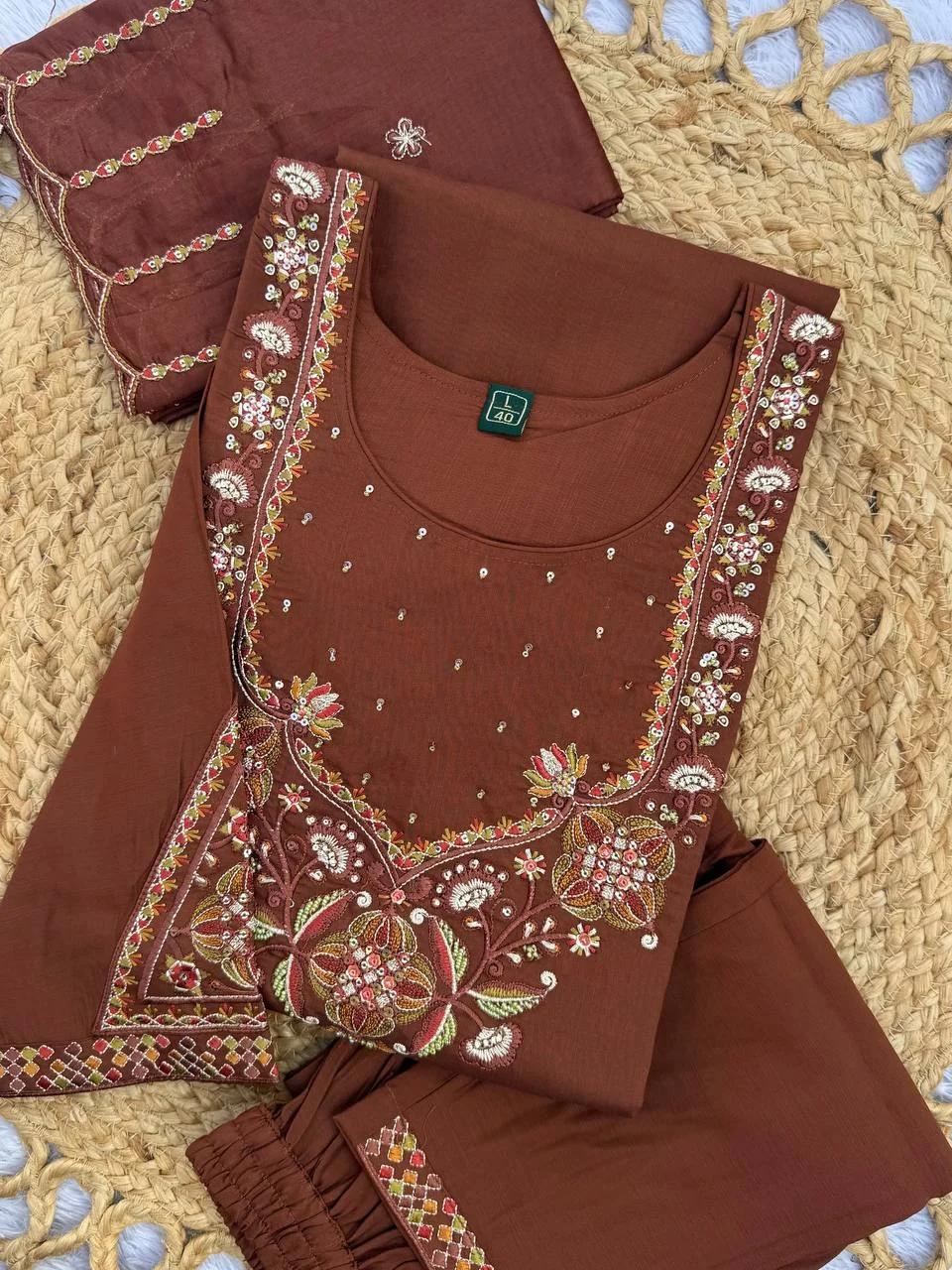 VIDALA CLOTHINGS Marina Silk Straight Kurti with Pant & Muslin Dupatta Set in Brown — photo 9 of 10