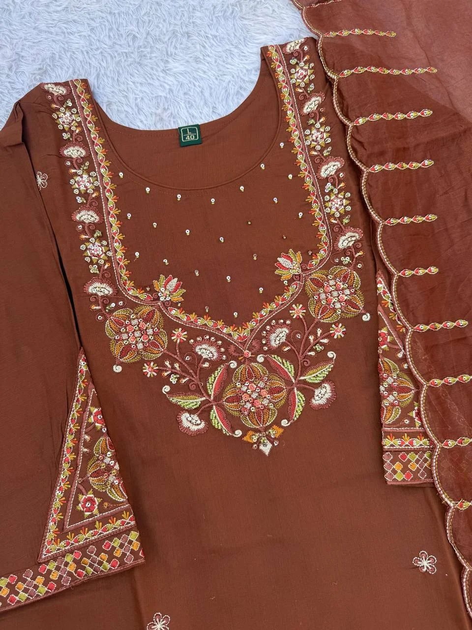 VIDALA CLOTHINGS Marina Silk Straight Kurti with Pant & Muslin Dupatta Set in Brown — photo 10 of 10