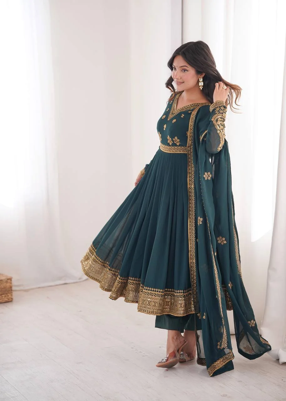 Premium Teal Green Anarkali Gown with Golden Embroidery, Palazzo Pant & Designer in Blue — photo 2 of 6