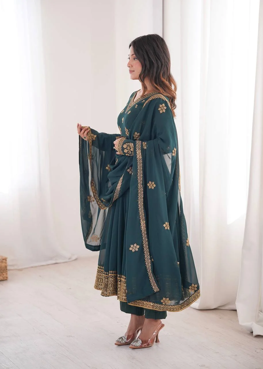 Premium Teal Green Anarkali Gown with Golden Embroidery, Palazzo Pant & Designer in Blue — photo 3 of 6