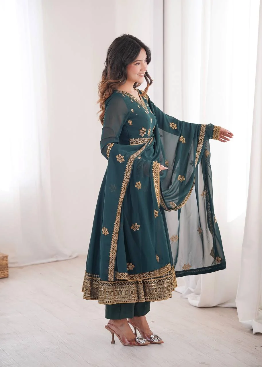 Premium Teal Green Anarkali Gown with Golden Embroidery, Palazzo Pant & Designer in Blue — photo 4 of 6