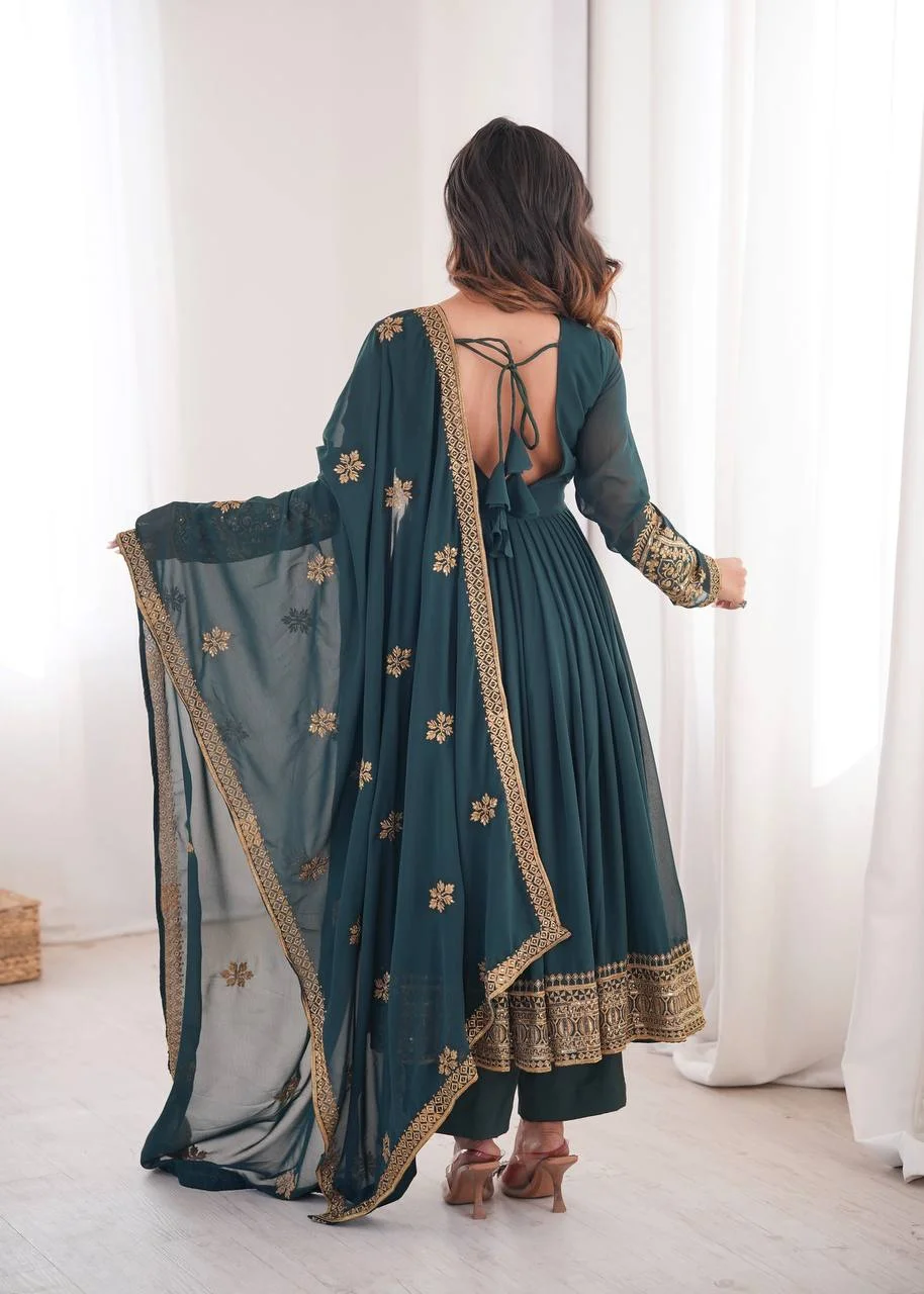 Premium Teal Green Anarkali Gown with Golden Embroidery, Palazzo Pant & Designer in Blue — photo 5 of 6