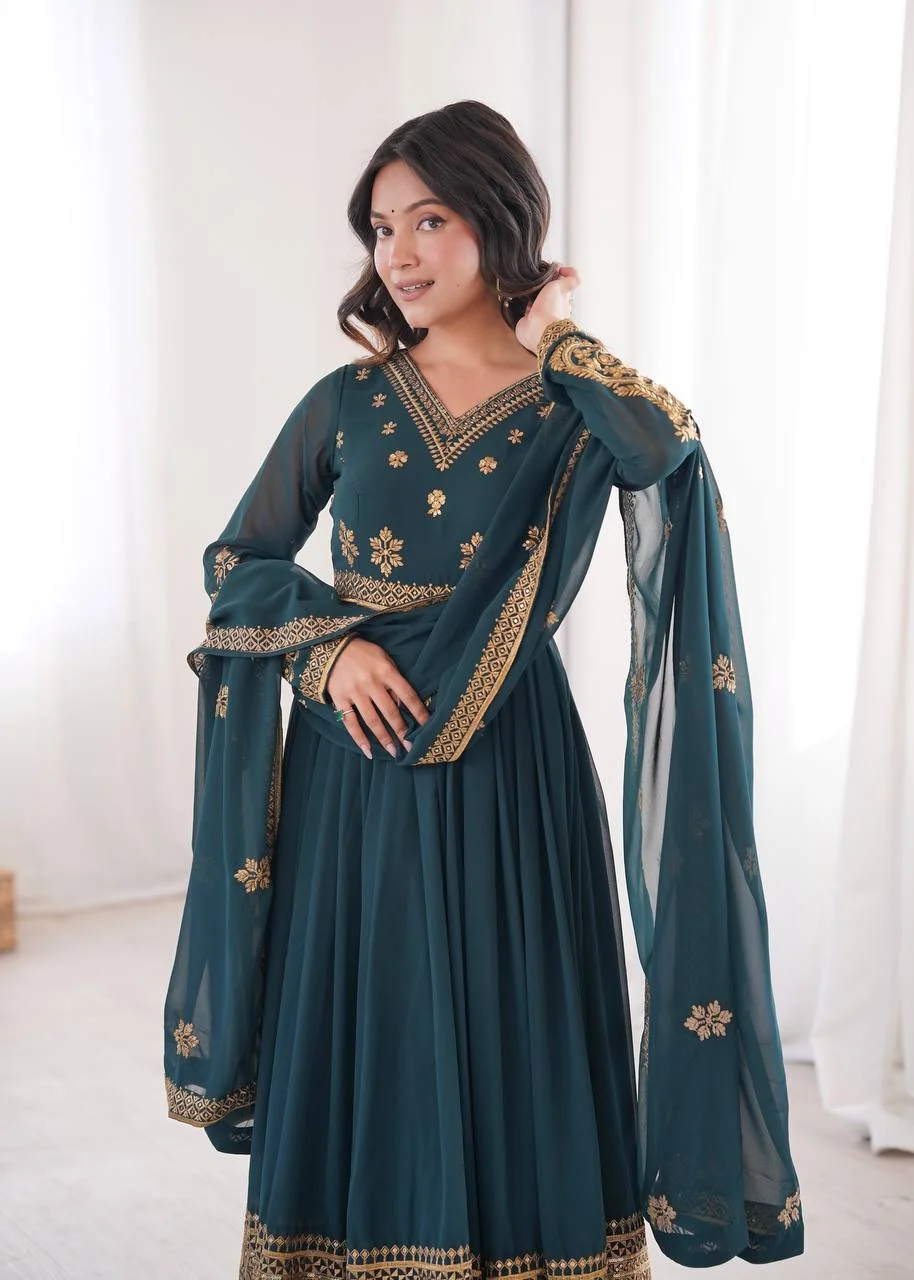 Premium Teal Green Anarkali Gown with Golden Embroidery, Palazzo Pant & Designer in Blue — photo 6 of 6