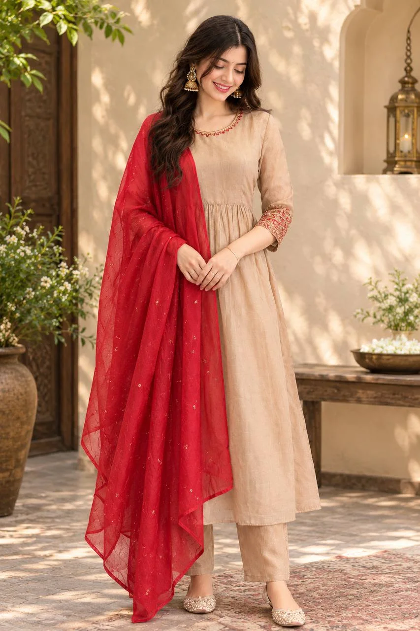 VIDALA CLOTHINGS Premium Crunchy Silk t Kurti with Flared Palazzo & Nazneen Dupatta Set in Beige — photo 2 of 4