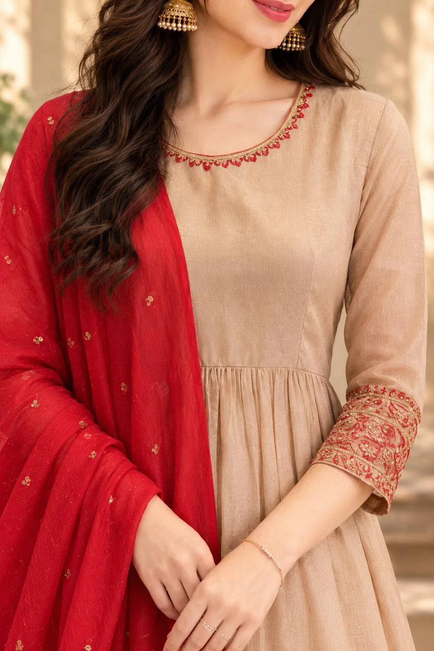 VIDALA CLOTHINGS Premium Crunchy Silk t Kurti with Flared Palazzo & Nazneen Dupatta Set in Beige — photo 3 of 4
