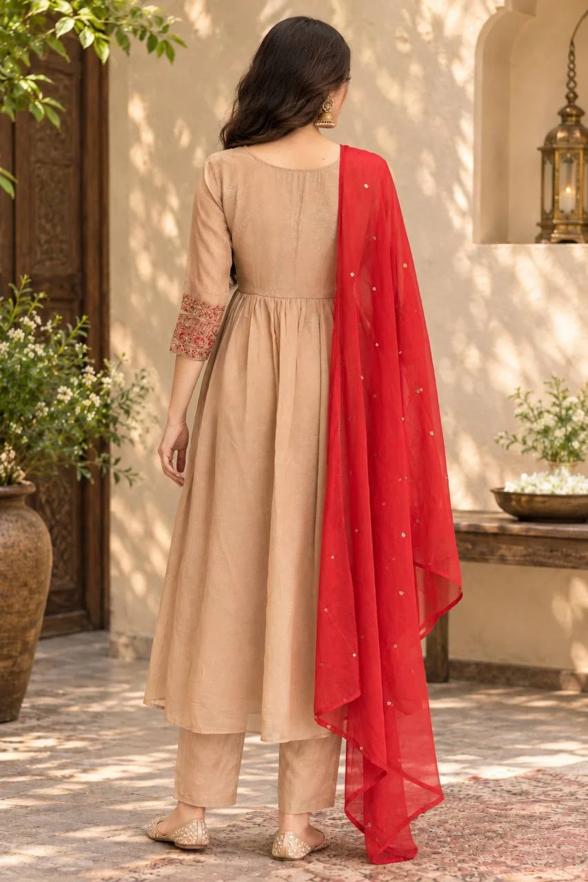 VIDALA CLOTHINGS Premium Crunchy Silk t Kurti with Flared Palazzo & Nazneen Dupatta Set in Beige — photo 4 of 4