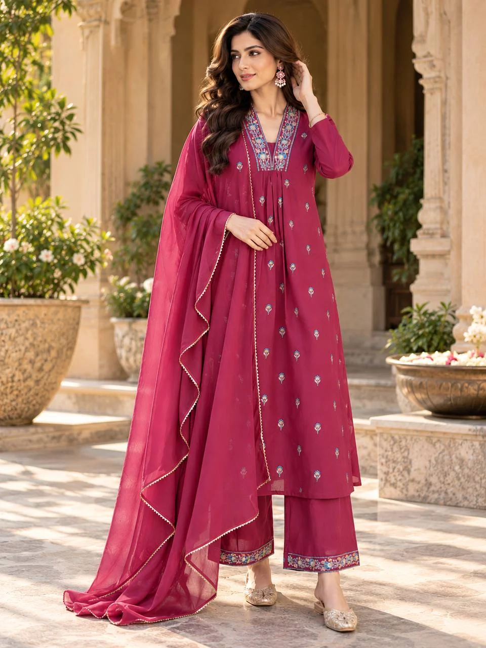 VIDALA CLOTHINGS Premium Roman Silk Straight Long Kurta with Flared Palazzo & Dupatta Set in Magenta — photo 2 of 4