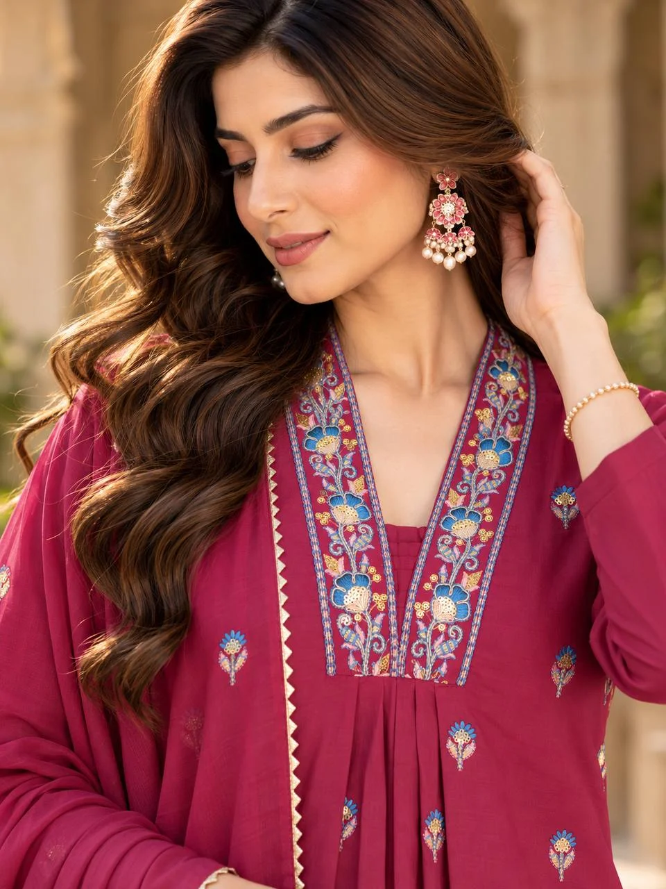 VIDALA CLOTHINGS Premium Roman Silk Straight Long Kurta with Flared Palazzo & Dupatta Set in Magenta — photo 3 of 4