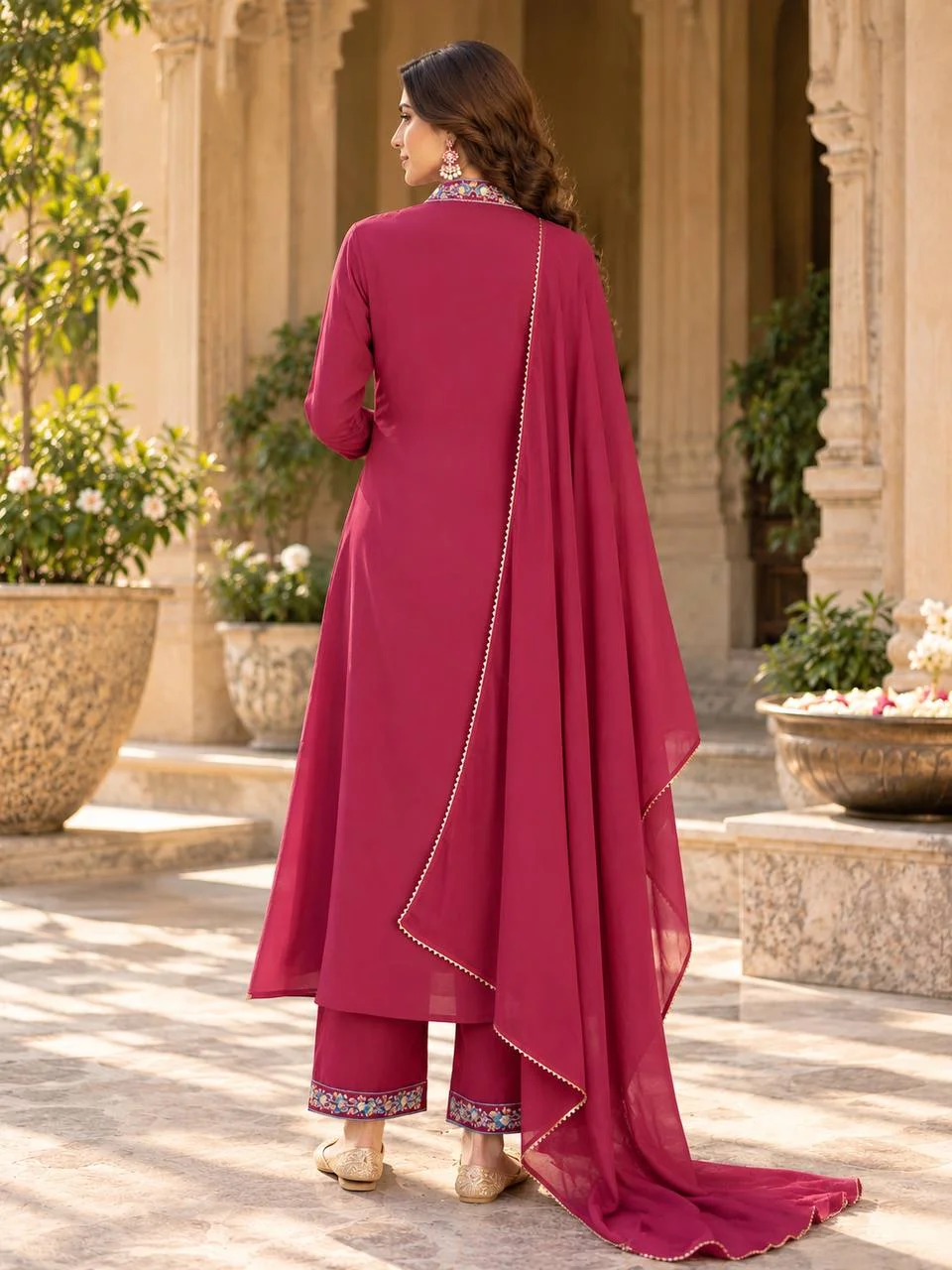 VIDALA CLOTHINGS Premium Roman Silk Straight Long Kurta with Flared Palazzo & Dupatta Set in Magenta — photo 4 of 4